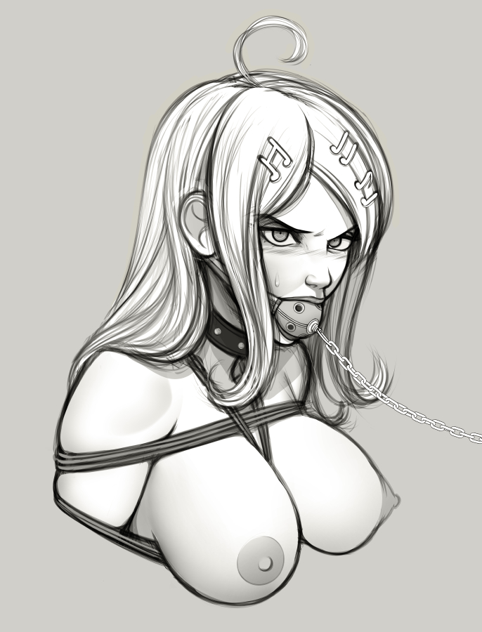 1girls ahoge akamatsu_kaede angry ball_gag bdsm big_breasts blonde_hair blush bondage bondage_harness bound breasts chains collar danganronpa danganronpa_v3 eyelashes female female_only gag hair_ornament hairclip kidetic kusujinn leash light_skin long_hair looking_at_viewer monochrome nipples pale_skin restrained rope schoolgirl sex_toy slave slim solo teenager tied_up violet_eyes