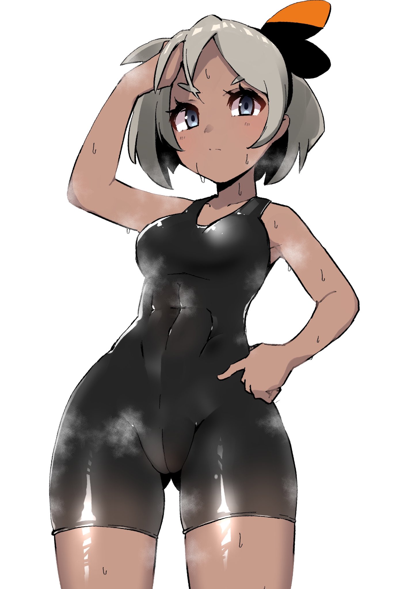 1girls, abs, alternate breast size, armpits, bea (pokemon), blonde hair, blue eyes, bodysuit, breasts, cameltoe, dark skin, dark-skinned female, female, female only, hairband, heavy breathing, human, kobo (cobo 0609), looking at viewer, muscular, muscular female, nintendo, nipples, pokemon, pokemon ss, pose, pussy, short hair, small breasts, smell, solo, source request, standing, steaming body, sweat, thigh gap, wide hips