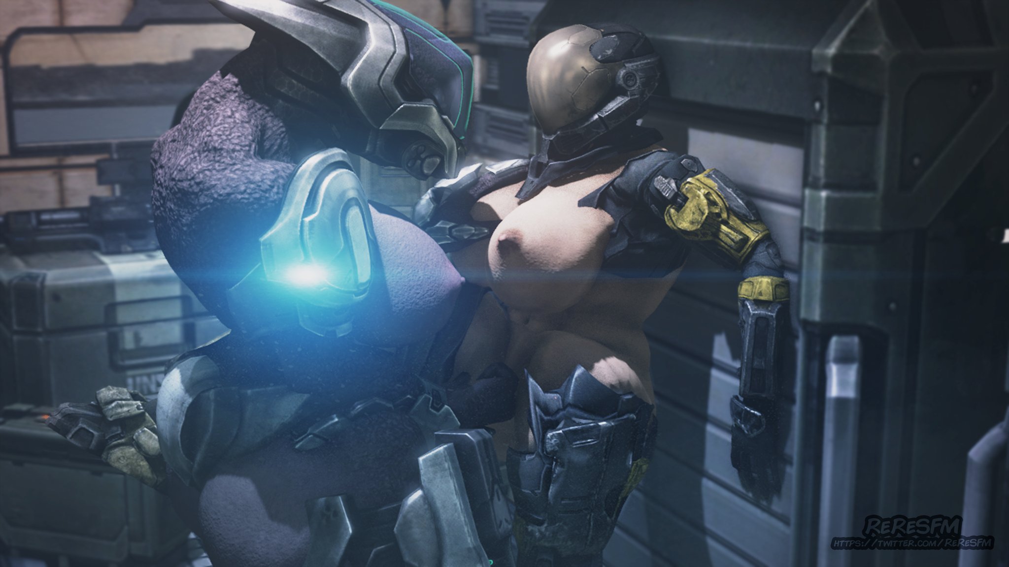 2girls, 3d, against wall, alien, big breasts, breasts, female, female sangheili, female spartan (halo), halo, halo (series), lesbian, reresfm, sangheili, spartan (halo), strap-on, strapon, tagme