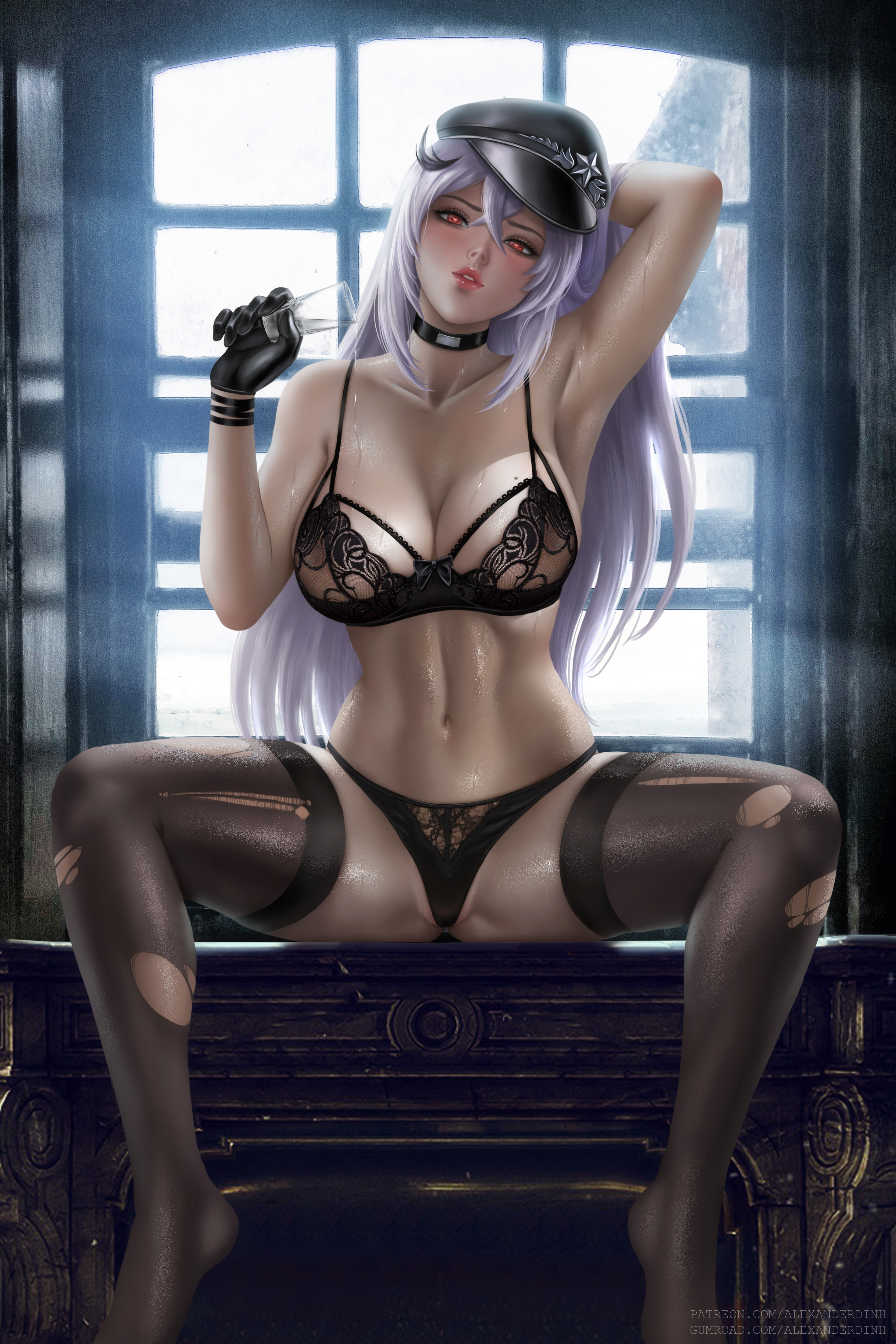 1girls, absurdres, alexander dinh, azur lane, big breasts, bra, breasts, choker, cleavage, female, female only, gangut (azur lane), hat, highres, large breasts, looking at viewer, panties, partially visible vulva, pussy, solo, solo female, spread legs, thighhighs