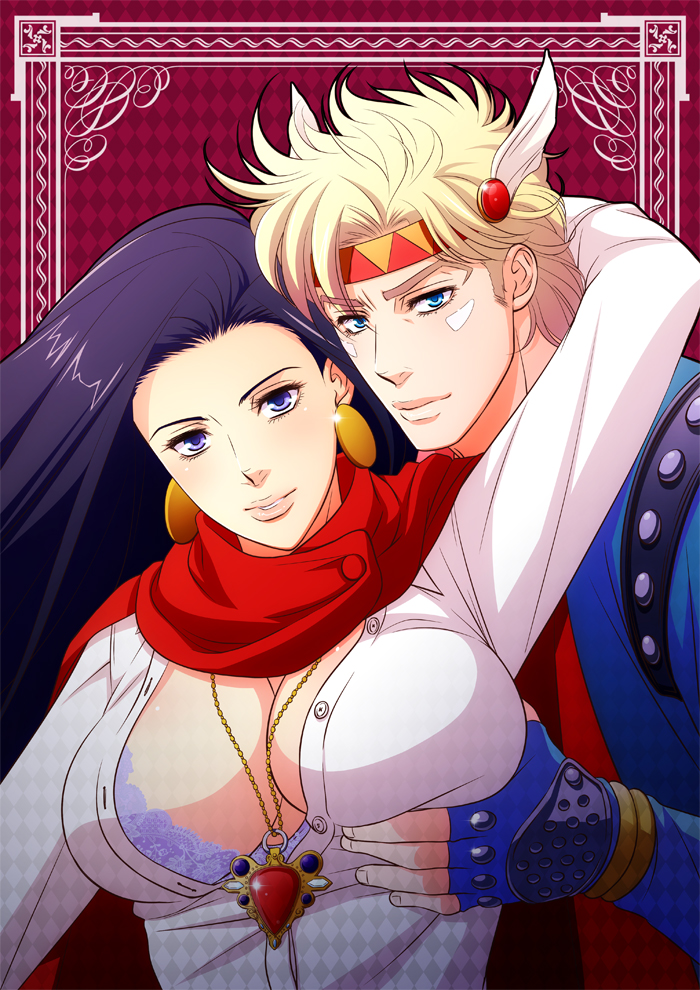 1boy 1girls 2011 battle_tendency black_hair blonde_hair blue_eyes blue_jacket bra breast_grab breasts caesar_zeppeli cape cleavage earrings facial_mark feathers female fingerless_gloves gloves grabbing hair_feathers headband highres human jacket jewelry jojo's_bizarre_adventure large_breasts lisa_lisa long_hair mature milf mother necklace pale-skinned_female pale_skin pose purple_hair red_scarf ribbon scarf sexually_suggestive shounen_jump straight studded_jacket underwear zero1