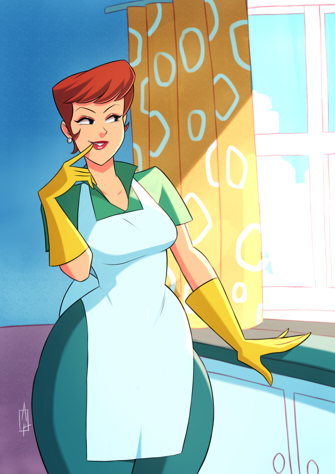 1girls, art1a3t, dexter's laboratory, dexter's mom, female, female only, gloves, human, latex, latex gloves, milf, solo, yellow gloves