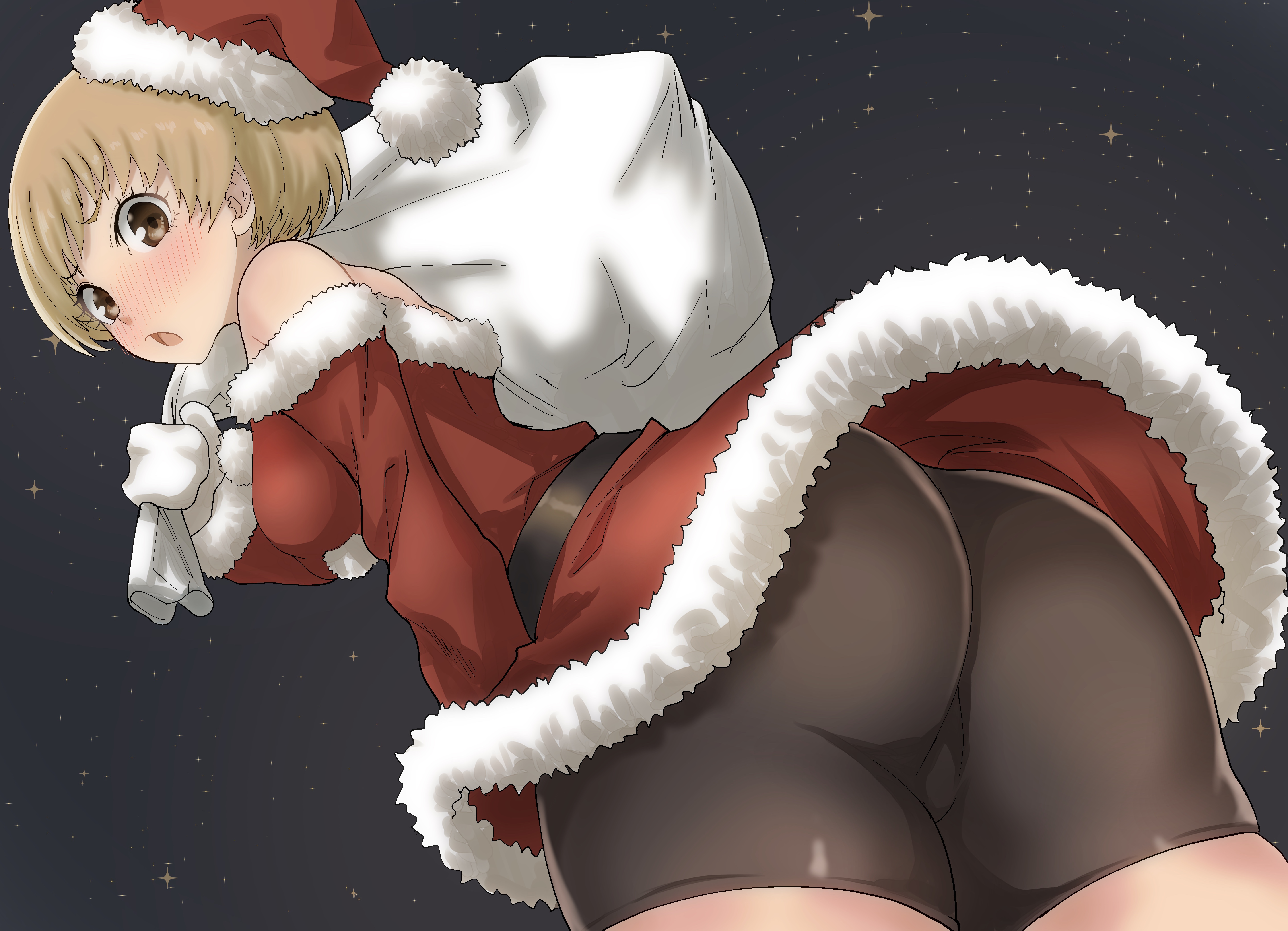 1girls, ass, atlus, bike shorts, blush, brown hair, christmas, female, from below, kurosususu, persona, persona 4, santa costume, santa hat, satonaka chie, short hair, solo, upskirt