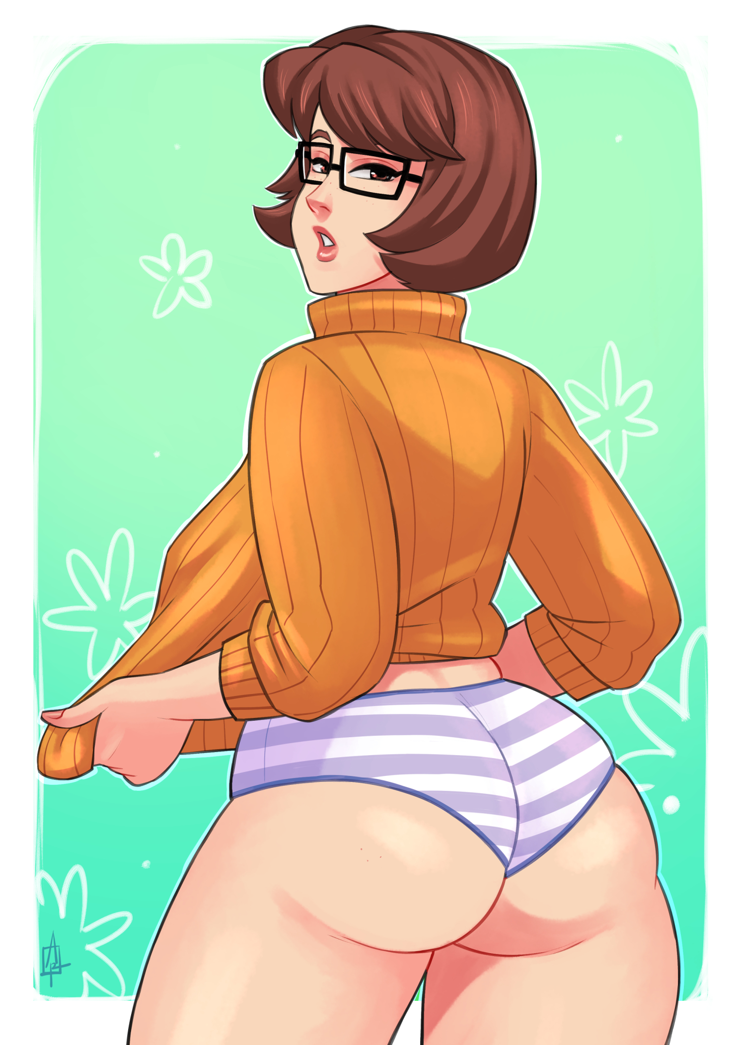 1girls, art1a3t, ass, back view, bangs, black-framed glasses, brown eyes, brown hair, eyewear, female, female only, glasses, half-closed eyes, hanna-barbera, highres, huge ass, human, large ass, looking at viewer, looking back, panties, pinup, posing, scooby-doo, seductive, seductive look, short hair, skindentation, solo, striped panties, sweater, thick thighs, turtleneck, undressing, velma dinkley, voluptuous, watermark