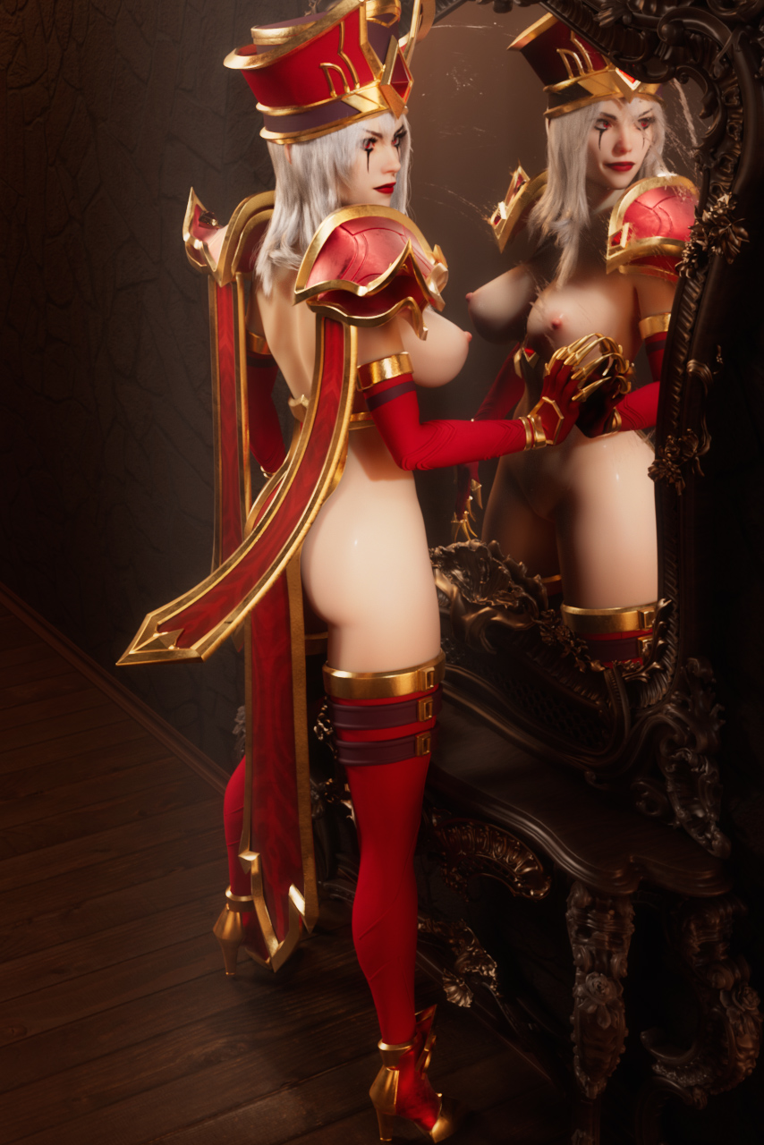 2020 3d blizzard_entertainment cindercloth_pants dewardenart female human human_priest mirror priest_(warcraft) priestess red_eyes sally_whitemane scarlet_crusade solo warcraft white_skin world_of_warcraft