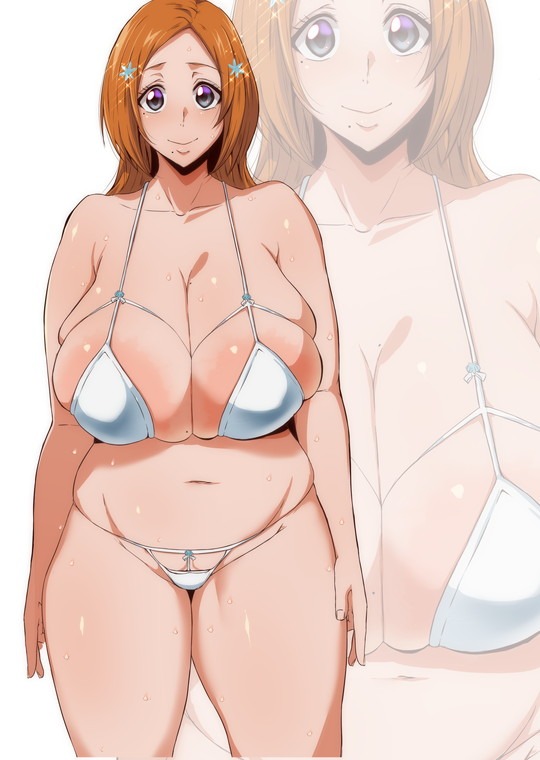 areolae, big breasts, bikini, black eyes, bleach, breasts, female, female only, huge breasts, inoue orihime, large areolae, long hair, mole, mole on breast, mole under eye, mole under mouth, mucc, orange hair, plump, solo, solo female, solo focus, swimsuit, zoom layer