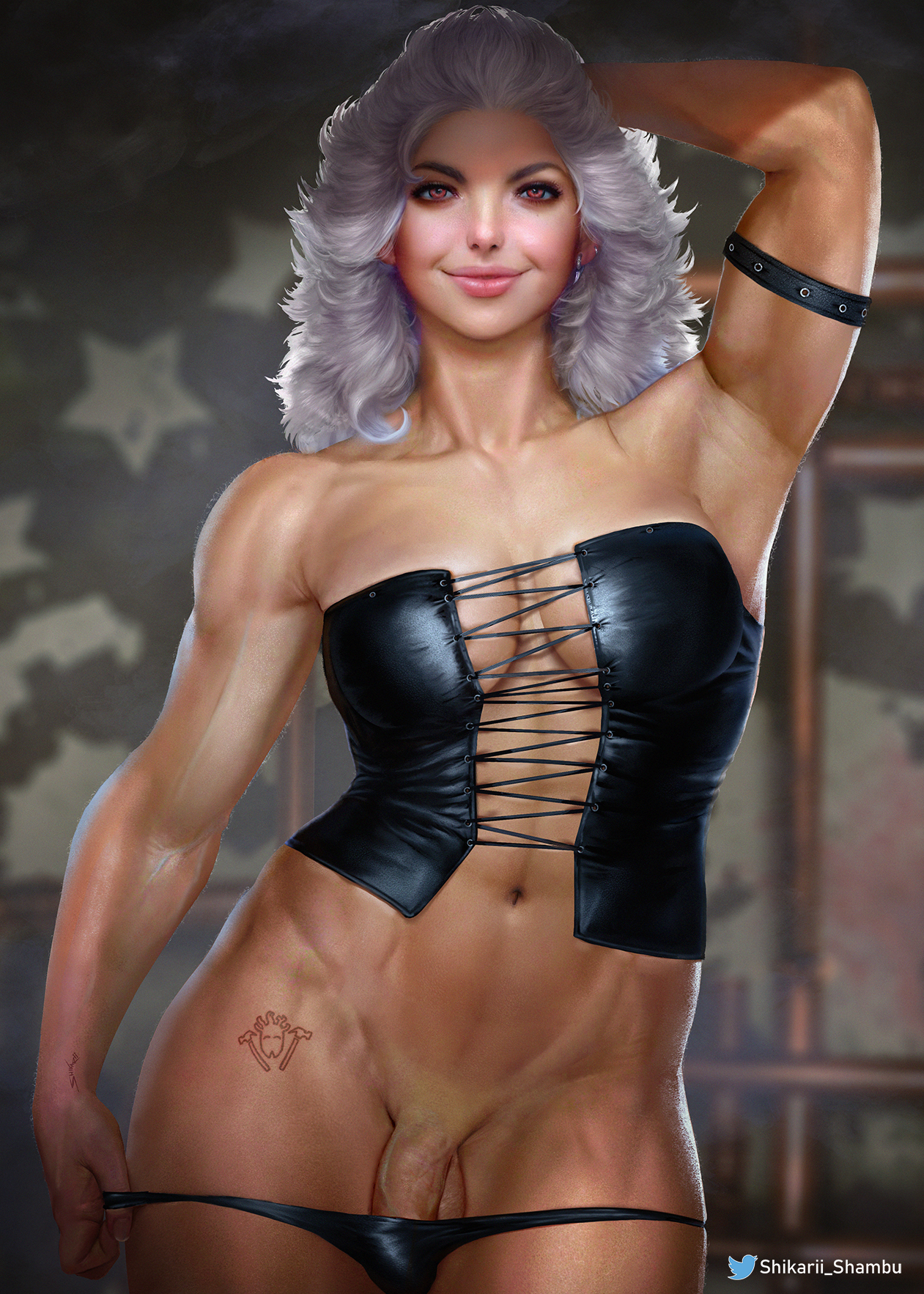 1futa, abs, balls, breasts, cleavage, dickgirl, dorohedoro, flaccid, futa only, futanari, intersex, looking at viewer, muscles, muscular, muscular futa, noi (dorohedoro), penis, realistic, shikari, solo, solo futa, testicles