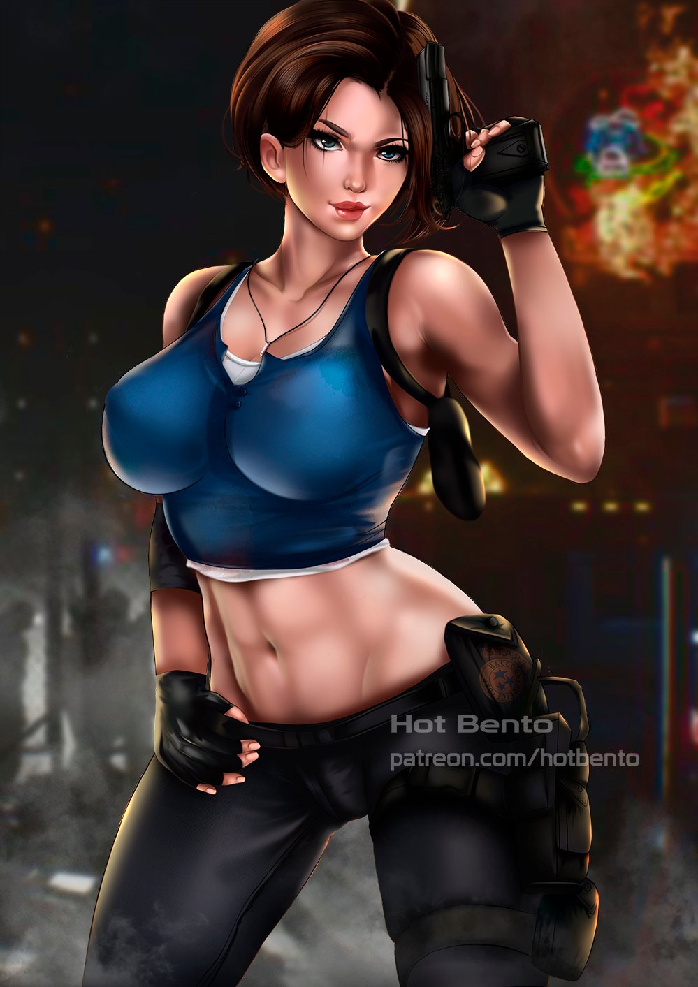 big_breasts blue_eyes brown_hair clothed_female female female_only gloves gun hot_bento hotbento hourglass_figure jill_valentine jill_valentine_(sasha_zotova) resident_evil resident_evil_3 resident_evil_3_remake short_hair smile solo solo_female solo_focus