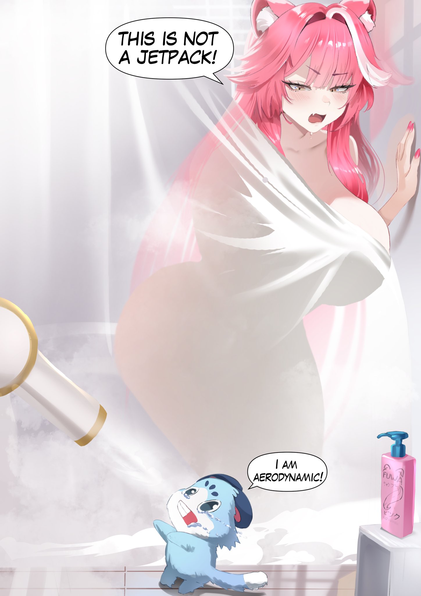 1ambiguous, 1girls, animal ears, ass, bangs, behind curtain, big ass, big breasts, blush, blushing, body outline, breasts, breasts bigger than head, chattino (raora panthera), covering breasts, covering self, curvy, eyebrows, eyebrows visible through hair, fan mascot (vtuber), hair dryer, hair intakes, hair vents, hand on surface, hand on wall, hololive, hololive english, hololive english -justice-, huge breasts, humor, idolmia, kemonomimi, large ass, large breasts, large-breasts, leaning forward, light skin, light-skinned female, long hair, mascot, mouth open, naked, nude, nude female, obscured, obscured body, painted nails, pink hair, raora panthera, shower, shower curtain, showering, silhouette, snow leopard ears, snow leopard girl, standing, talking to another, thick thighs, thighs, virtual youtuber, voluptuous, voluptuous female, white hair, white streak, wide hips, yellow eyes