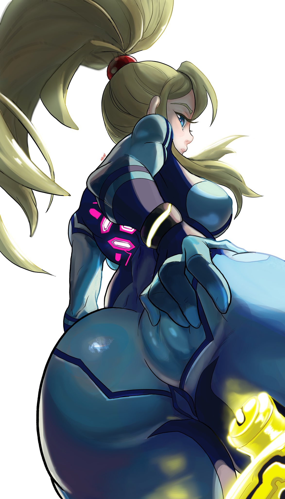 2021, ass, big ass, big breasts, bimbo, blonde hair, bodysuit, breasts, favorite, female, female focus, female only, high heels, long hair, metroid, nintendo, nipples, nipples visible through clothing, noblood, ponytail, samus aran, solo, solo female, solo focus, white background, zero suit, zero suit samus