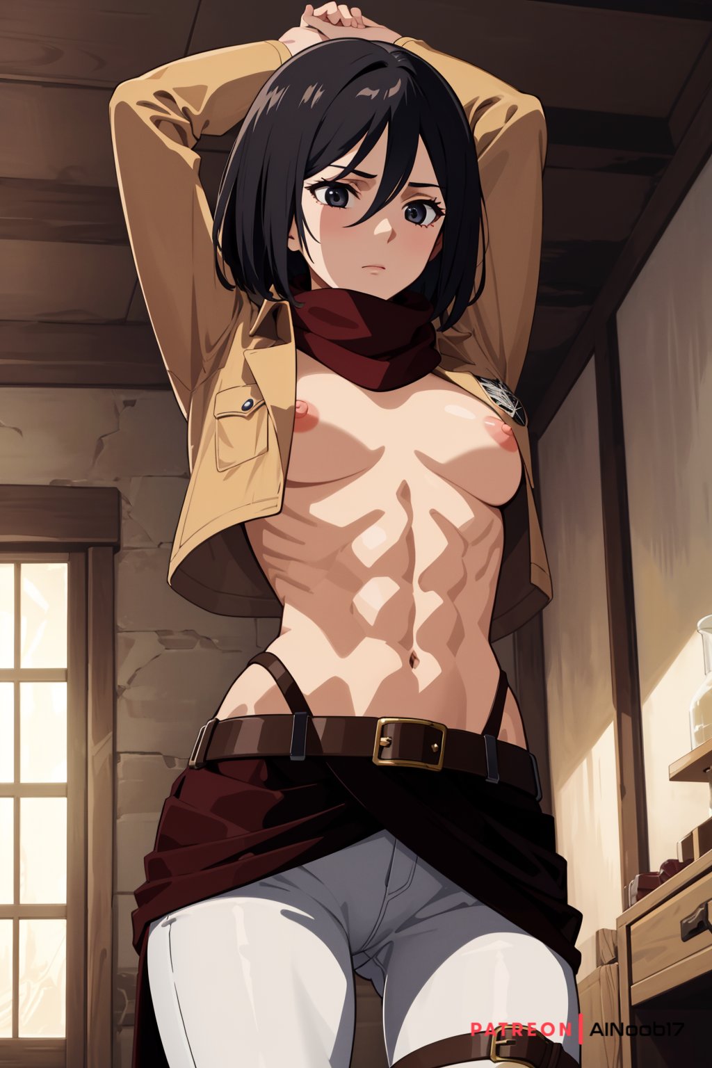 1girls, abs, ai generated, ainoob17, attack on titan, belt, breasts, crossed arms, female, half naked, midriff, mikasa ackerman, navel, nipples, shingeki no kyojin, solo, solo focus, stable diffusion, tagme