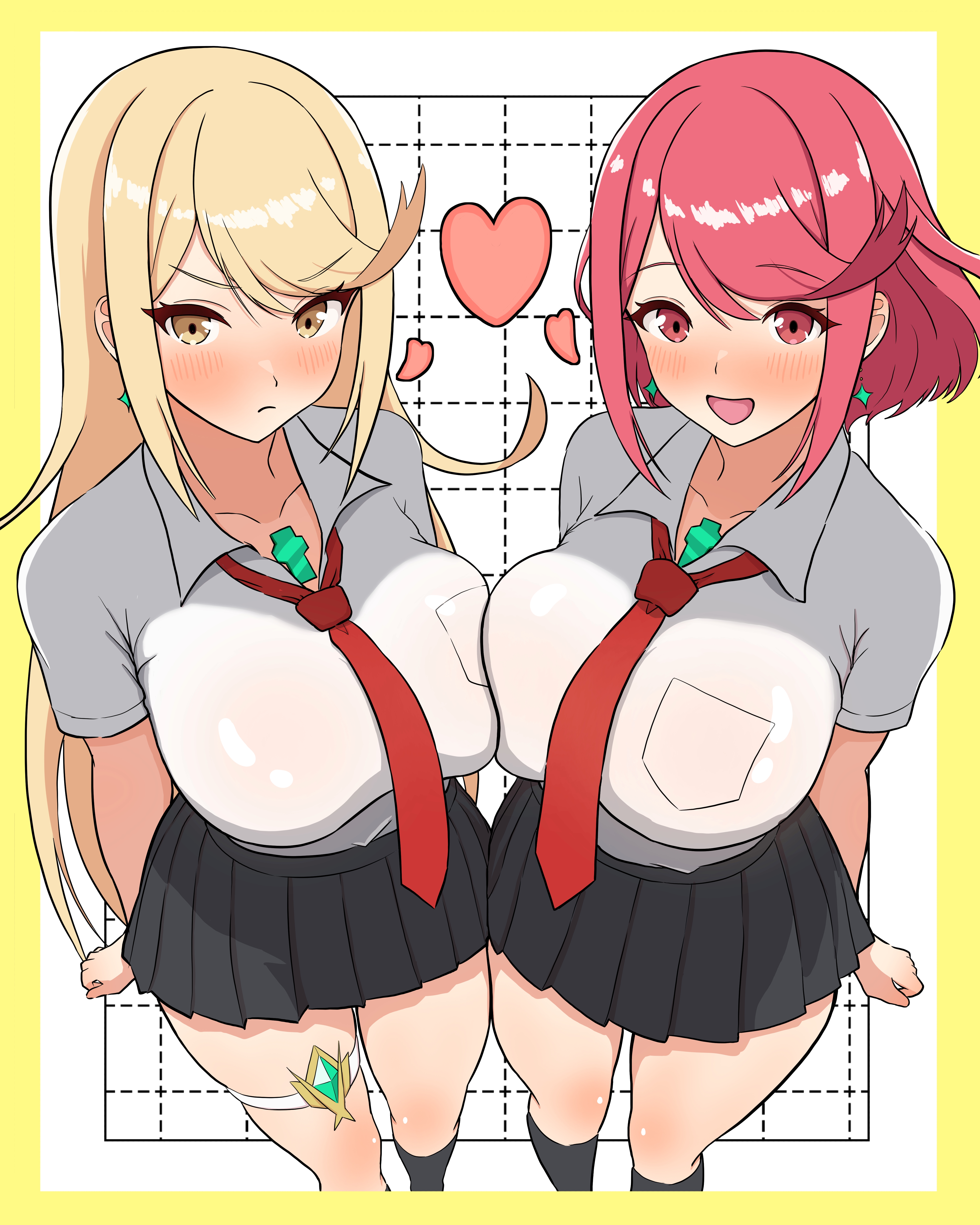 2girls, alternate costume, annoyed expression, blonde hair, blush, breast squish, breasts, colored, core crystal, core crystal (xenoblade), earrings, female, female only, frown, heart, huge breasts, jewlery, long hair, looking at viewer, monolith soft, mythra, nintendo, pyra, red eyes, red hair, school uniform, schoolgirl, shirt pocket, skirt, smile, smiling, smiling at viewer, tagme, thigh strap, tie, xenoblade (series), xenoblade chronicles 2, yellow eyes, yoshikirino