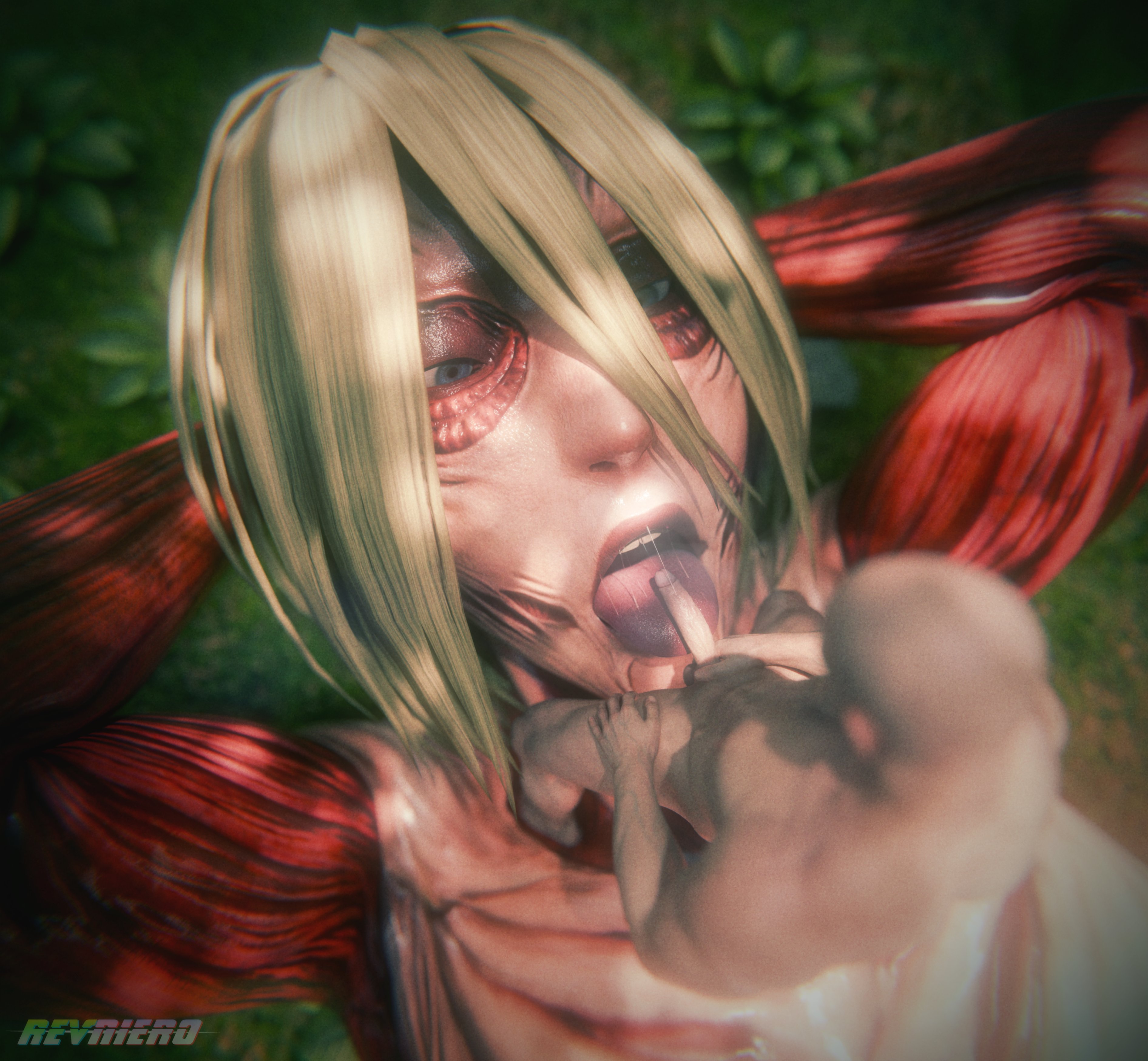 1boy, 1girls, 3d, anime, annie leonhardt, armpits, arms behind head, attack on titan, big nose, blender, blonde hair, blue eyes, female titan, giantess, grass, height difference, large female, monster girl, muscular female, muscular male, naked, naked female, naked male, open mouth, oral, plant, revniero3d, saliva, saliva trail, shingeki no kyojin, short hair, size difference, tongue, tongue out, watermark