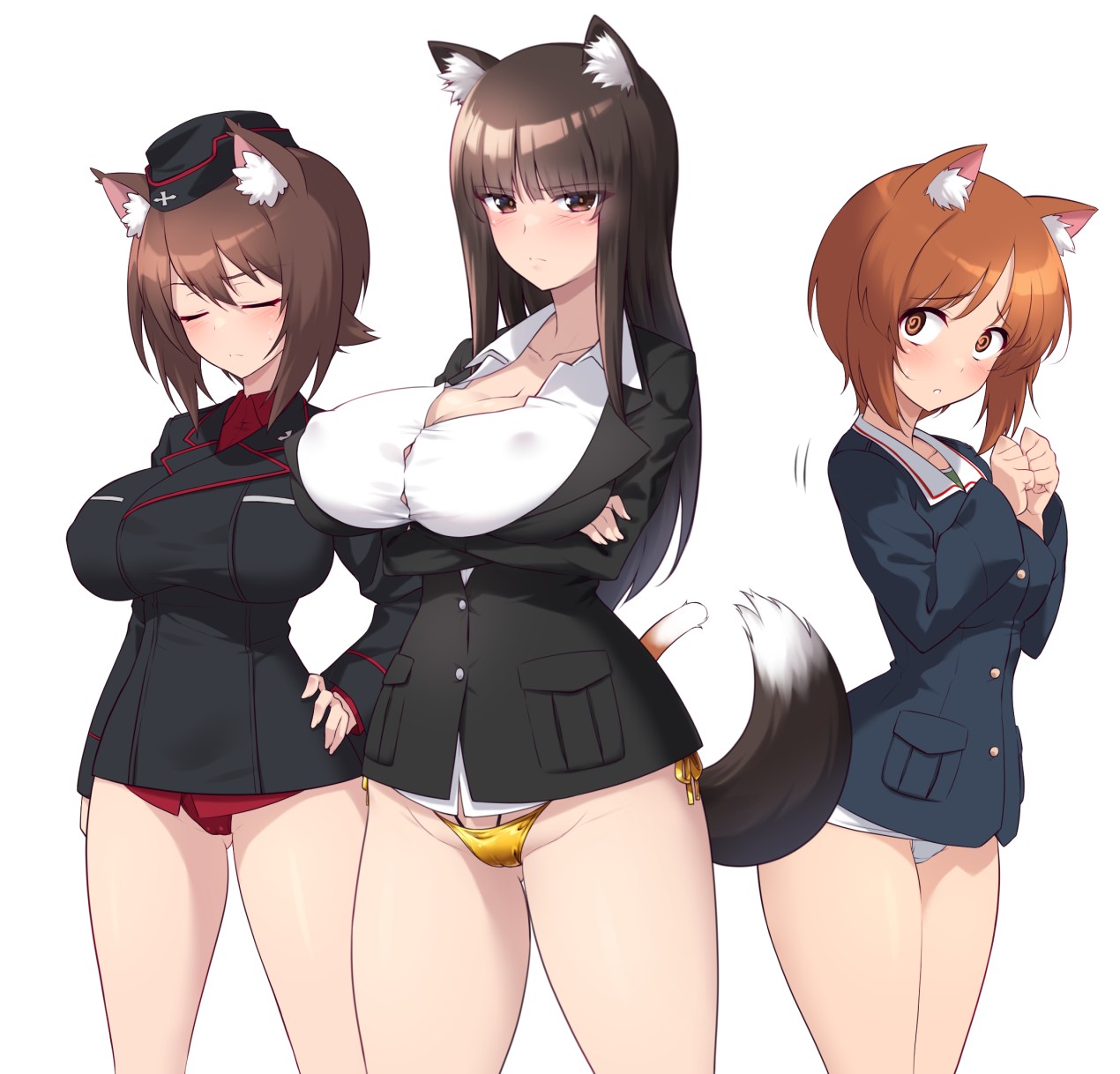 2026, 2d, 3girls, blush, brown eyes, brown hair, cat ears, cat girl, cat tail, catgirl, dog ears, dog girl, dog tail, female, female only, full body, girls und panzer, gold bikini, inconvenient breasts, kuromorimine military uniform, kuzuryuu kennosuke, looking at another, looking at viewer, milf, nipples visible through clothing, nishizumi maho, nishizumi miho, nishizumi shiho, ooarai military uniform, panties, scared, school uniform, schoolgirl, string panties, white background