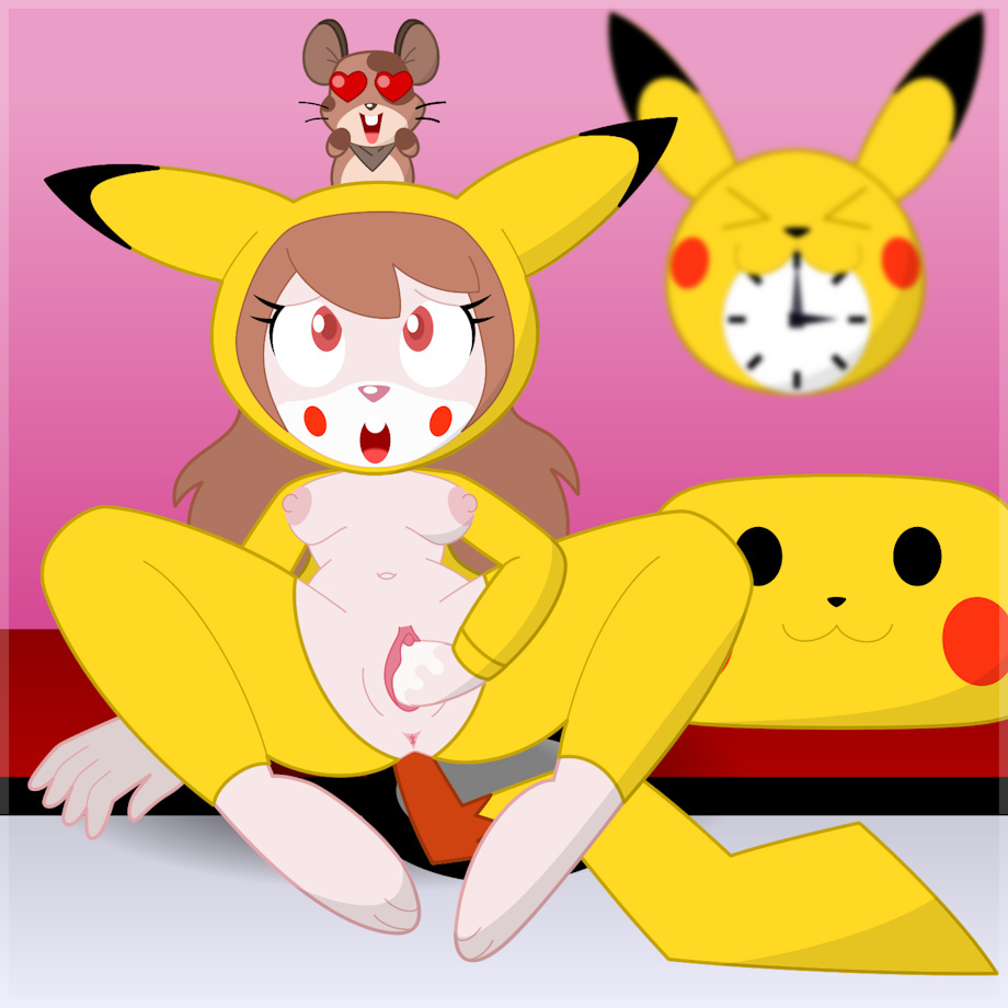 anthro breasts cin-cin_the_mouse emma_(chocochu) female fisting heart_eyes male masturbation mouse neoeclipse nintendo nipples pajamas pikachu pikachu_(cosplay) pokemon pokemon_(cosplay) pussy pussy_juice sitting small_breasts smaller_male