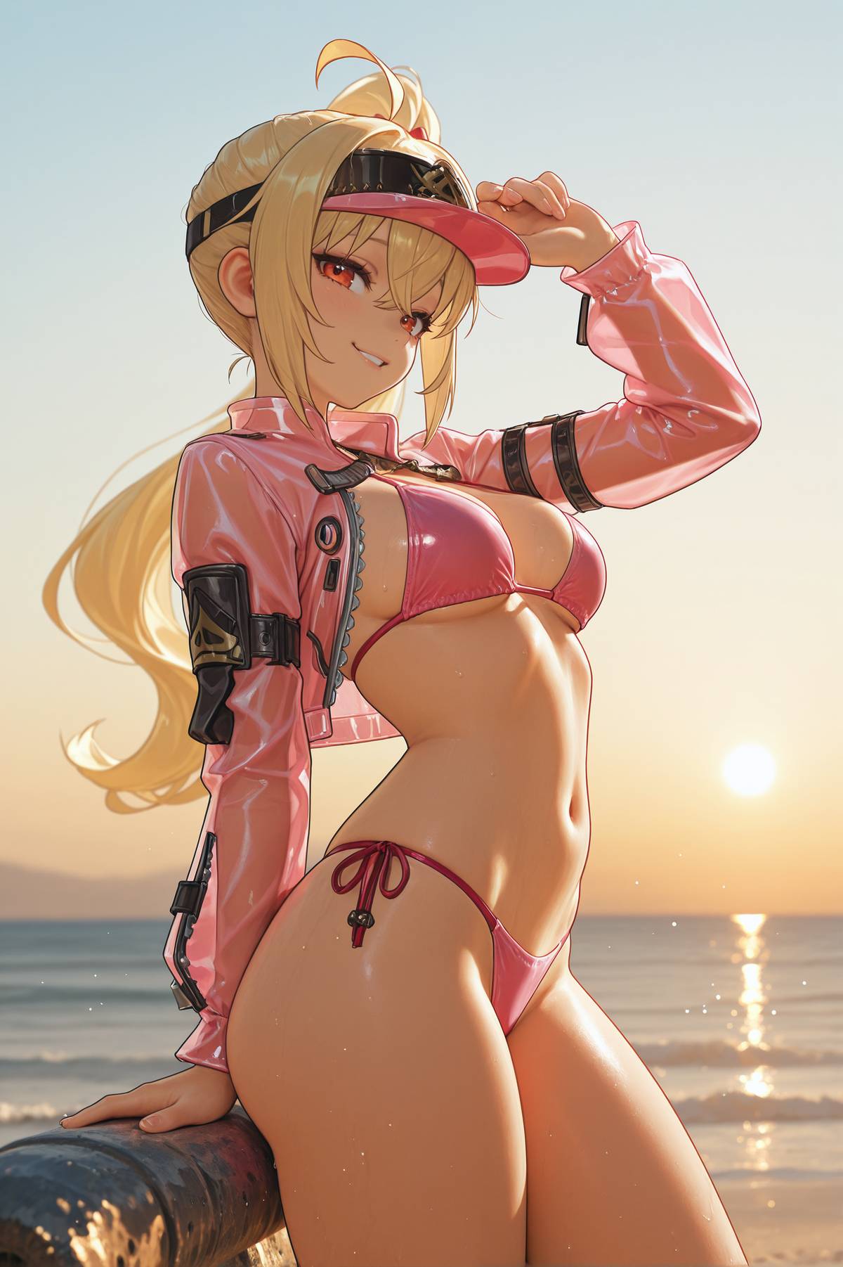 1girl, 2025, 2026, 4k, absurd res, absurdres, ai, ai art, ai assisted, ai generated, ai-created, ai-generated, alphai, anime, arching back, beach, bikini bottom, bikini top, blonde hair, blushing, breasts, chest, cinematic lighting, close-up, clothing, colorful background, curvy, curvy ass, curvy body, curvy female, curvy figure, curvy hips, depth of field, detailed hair, detailed skin, detailled background, dramatic shadows, eyelashes, eyeliner, female face, female focus, female only, flat chest, high quality, high resolution, highres, hoyoverse, legs, looking at viewer, luciana de montefio, lucy (zenless zone zero), mihoyo, mihoyo technology (shanghai) co. ltd., mini bikini, naughty face, outdoor, outdoor background, outdoor nudity, outdoor sex, outdoors nudity, outdoors sex, particles, patreon, patreon link, patreon url, patreon username, petite breasts, pink bikini, pink cap, pink jacket, plump, raised eyebrows, red eyes, seductive eyes, side ponytail, skinny, slender, slim waist, small breasts, solo, thick legs, thick thighs, thigh gap, thighs, volumetric lighting, watermark, zenless zone zero, zettai ryouiki, zzz