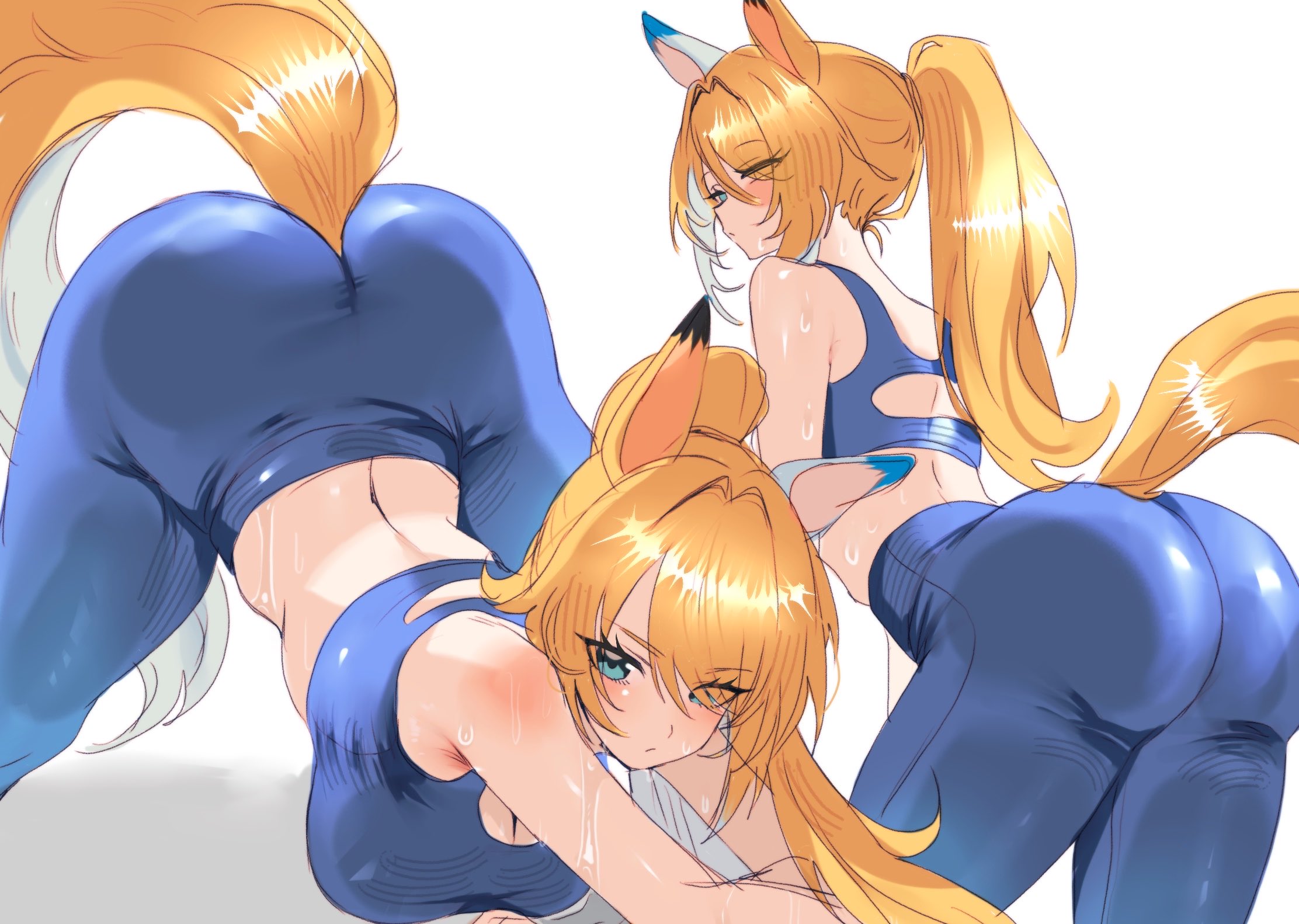 1girls, blue bra, blue shorts, blush, exercise, female, female only, huge ass, huge breasts, multiple views, shorts, sigrid de l'azur, sports bra, zenless zone zero