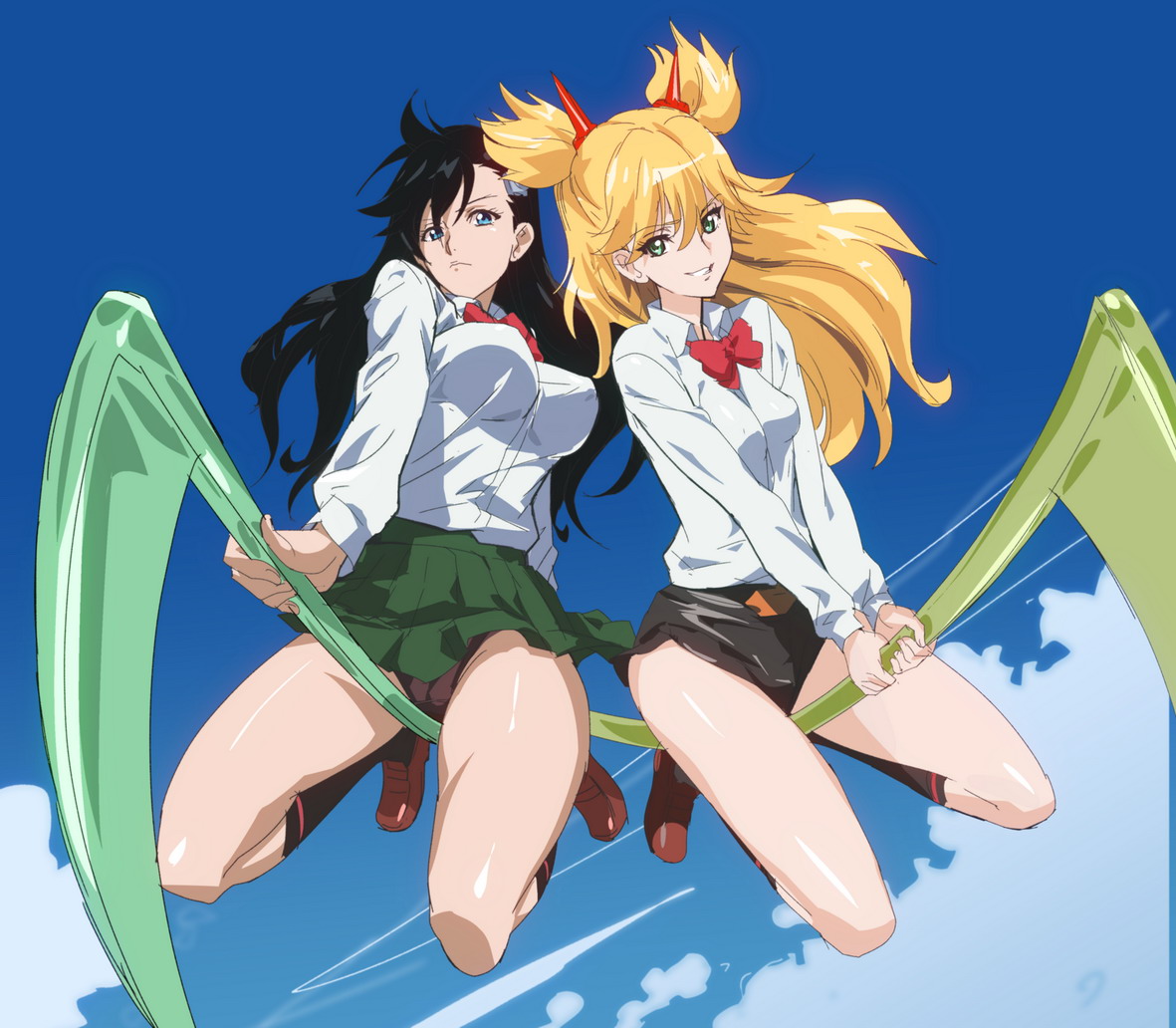 2girls, black hair, bleach, blonde hair, blue eyes, blue sky, broom riding, burn the witch, female, green eyes, hotpants, ninny spangcole, noel niihashi, ontaros, panties, school uniform, schoolgirl, skirt, skirt up, witch