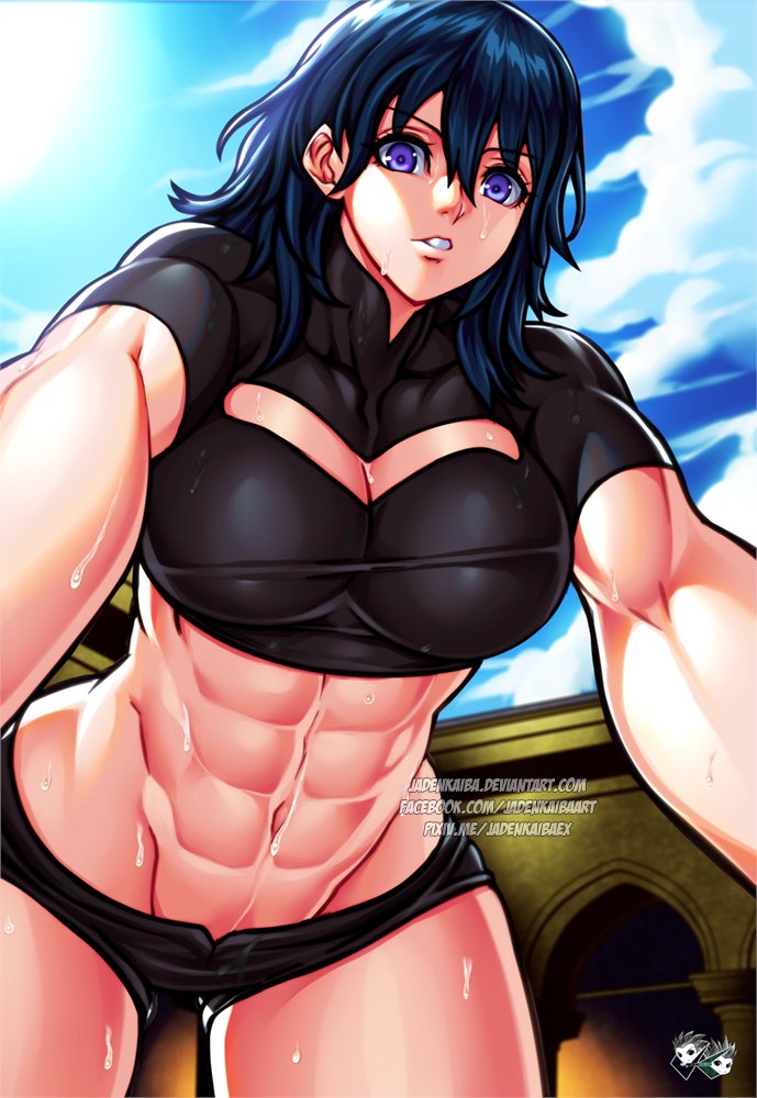 1girls, abs, big breasts, blue eyes, blue hair, breasts, byleth (fire emblem), byleth (fire emblem) (female), cleavage, female, female only, fire emblem, fire emblem: three houses, from below, huge breasts, jadenkaiba, large breasts, long hair, looking down, muscular, muscular female, naughty face, nintendo, seductive, solo, solo female, source request, thick thighs, topwear