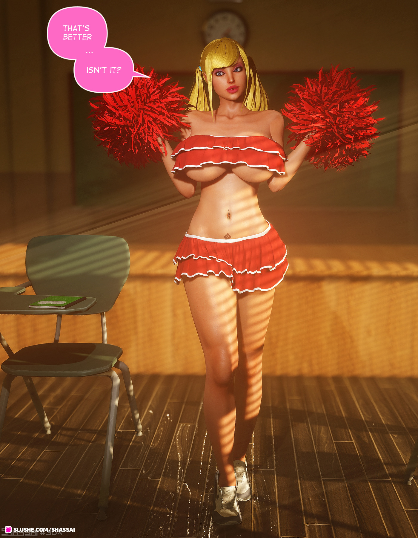 1girls, 3d, big breasts, big lips, bimbo, blonde hair, breasts, busty, cheerleader, cheerleader uniform, classroom, cleavage, english text, eyeshadow, female, frills, hourglass figure, huge breasts, jenny (shassai), large breasts, lipstick, makeup, midriff, pom poms, pubic tattoo, queen of spades, schoolgirl, shassai, solo, speech bubble, tattoo, twintails, underboob, voluptuous