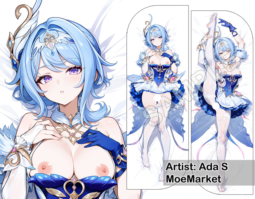 armpits, blue hair, breasts, dakimakura, dakimakura (medium), dakimakura design, detached sleeves, genshin impact, leg up, nipples, no shoes, odette (genshin impact), pussy, torn clothes, white pantyhose