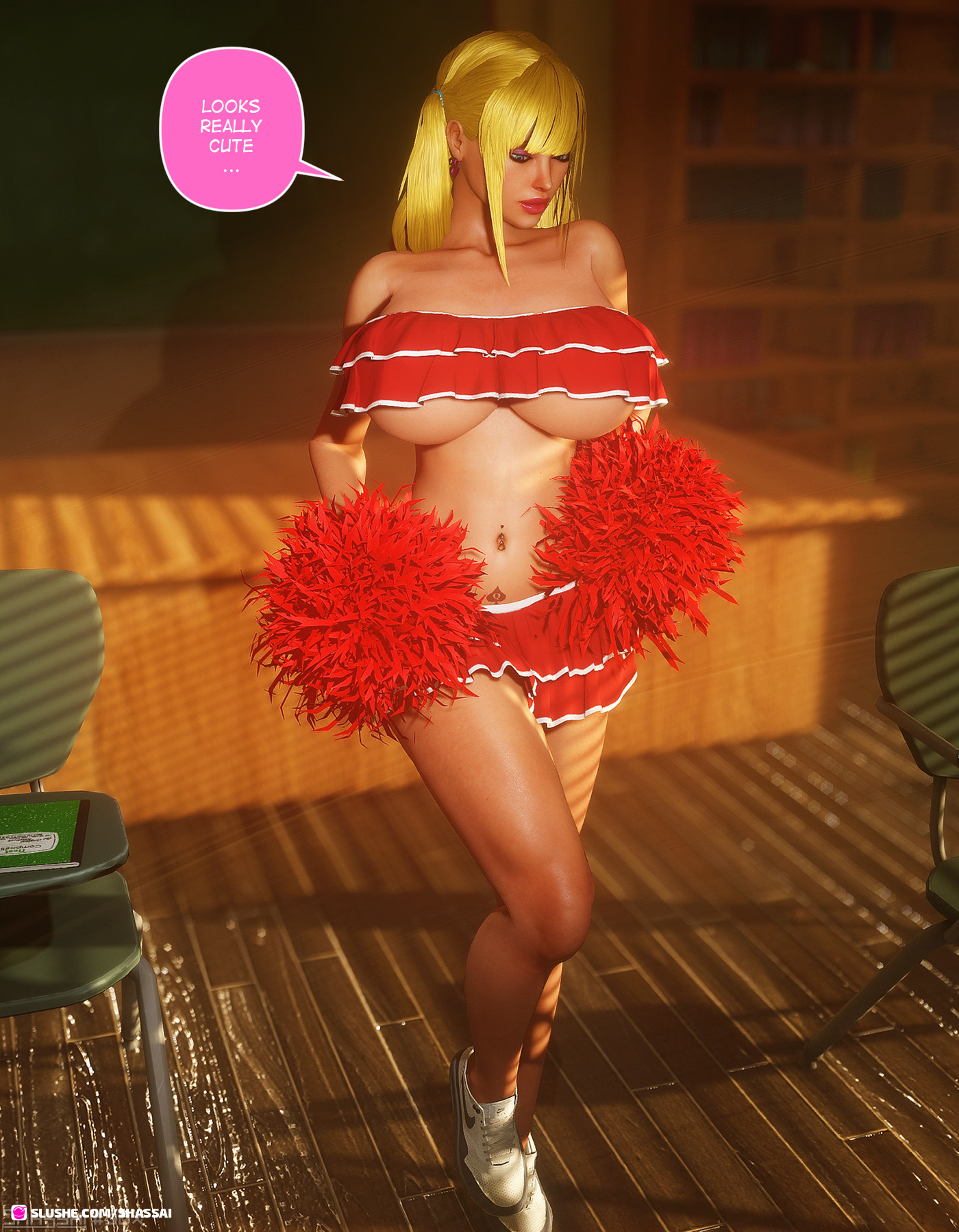 1girls, 3d, big breasts, big lips, bimbo, blonde hair, breasts, cheerleader, cheerleader uniform, classroom, english text, eyeshadow, female, frills, hourglass figure, huge breasts, jenny (shassai), large breasts, lipstick, makeup, midriff, pom poms, queen of spades, schoolgirl, shassai, solo, speech bubble, twintails, underboob