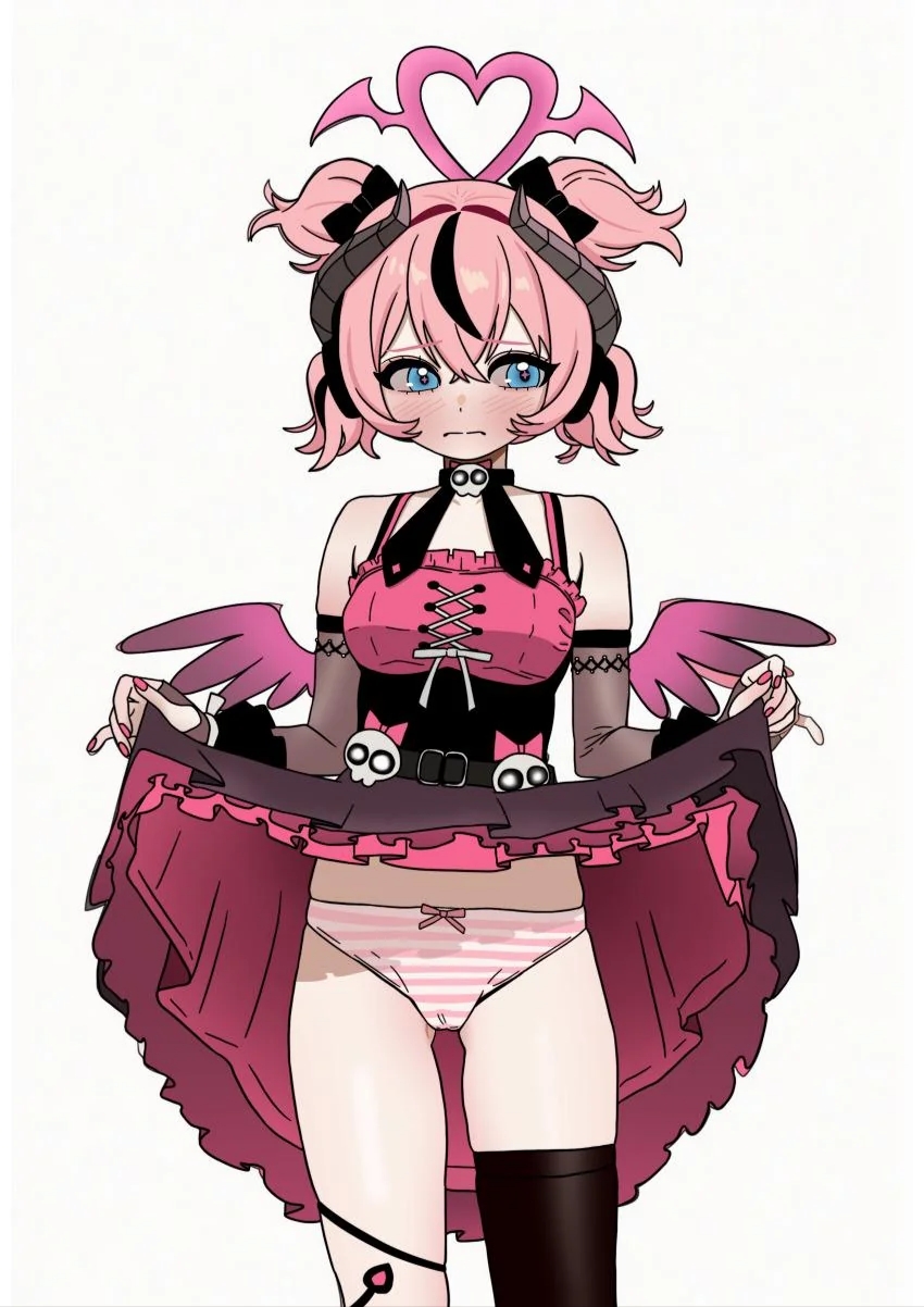 1girls, angels of delusion, aria (discordant note) (zenless zone zero), aria (zenless zone zero), aria (zenless zone zero) (human form), artist request, blush, female, female only, long hair, panties, pantyshot, pink hair, shimapan, skirt lift, solo, solo female, solo focus, striped panties, zenless zone zero