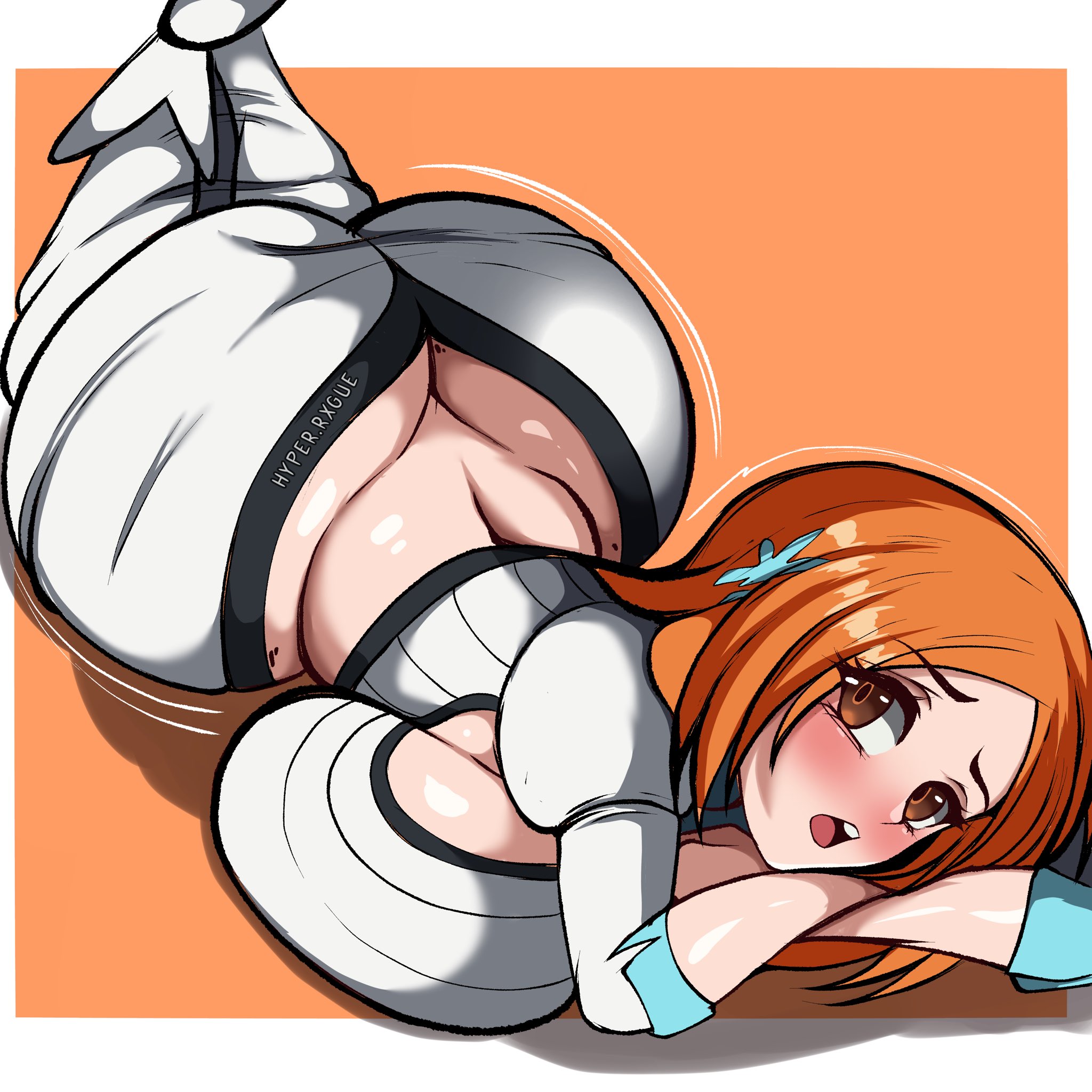 1girls, ass, ass cleavage, ass focus, big ass, big breasts, bleach, breast press, breasts, busty, butt crack, clothing, dress, fat ass, female, female only, huge ass, huge breasts, hyperrxgue, inoue orihime, large ass, large breasts, light skin, light-skinned female, long hair, looking at viewer, lying, lying on stomach, massive ass, no panties, orange hair, solo, thick ass, thick thighs, thunder thighs, wide hips