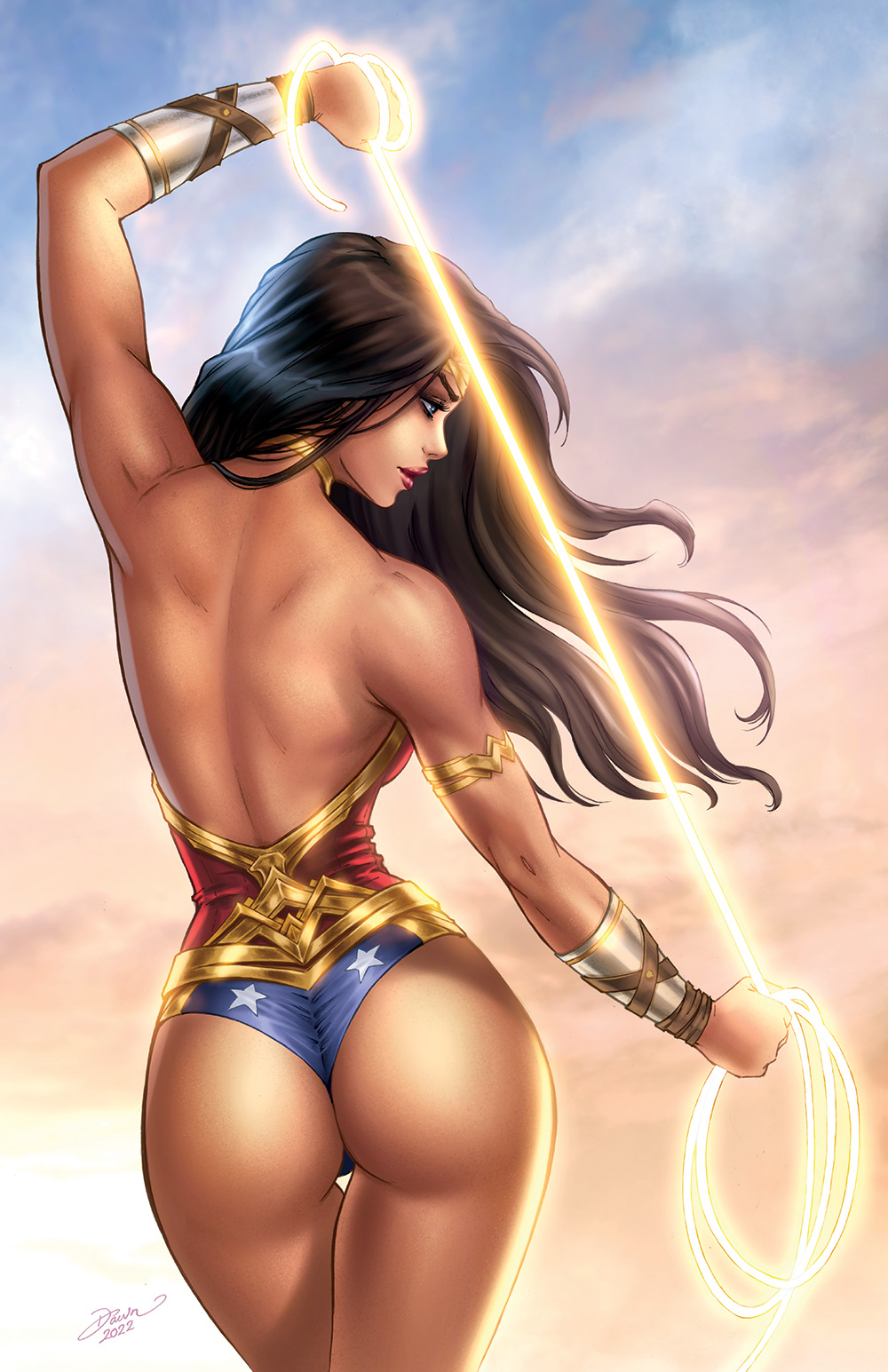 1girls, 2022, artist signature, ass, back view, big ass, black hair, dawn mcteigue, dc comics, female, female only, lasso of truth, questionable, solo, solo female, wonder woman