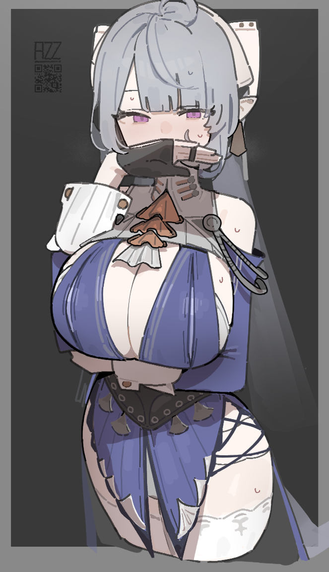 1girls, 2026, 2d, 2d (artwork), artist name, azz0422, bare shoulders, big breasts, boobs, breasts, clothed, clothing, color, colored, covering mouth, digital media (artwork), female, female only, front view, green hair, grey background, hair, hi res, hoyoverse, huge breasts, large breasts, light skin, light-skinned female, long hair, mihoyo, purple eyes, qr code, simple background, solo, sweat, sweatdrop, thighs, tits, velina (zenless zone zero), velina airgid, video game character, video games, zenless zone zero