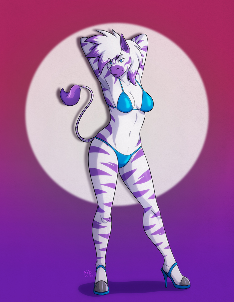 1girls big_breasts bikini blue_eyes breasts colored_hair diamond_(kadath) female_focus female_only furry high_heels kadath kadath_universe prostitute simple_background solo tail zebra