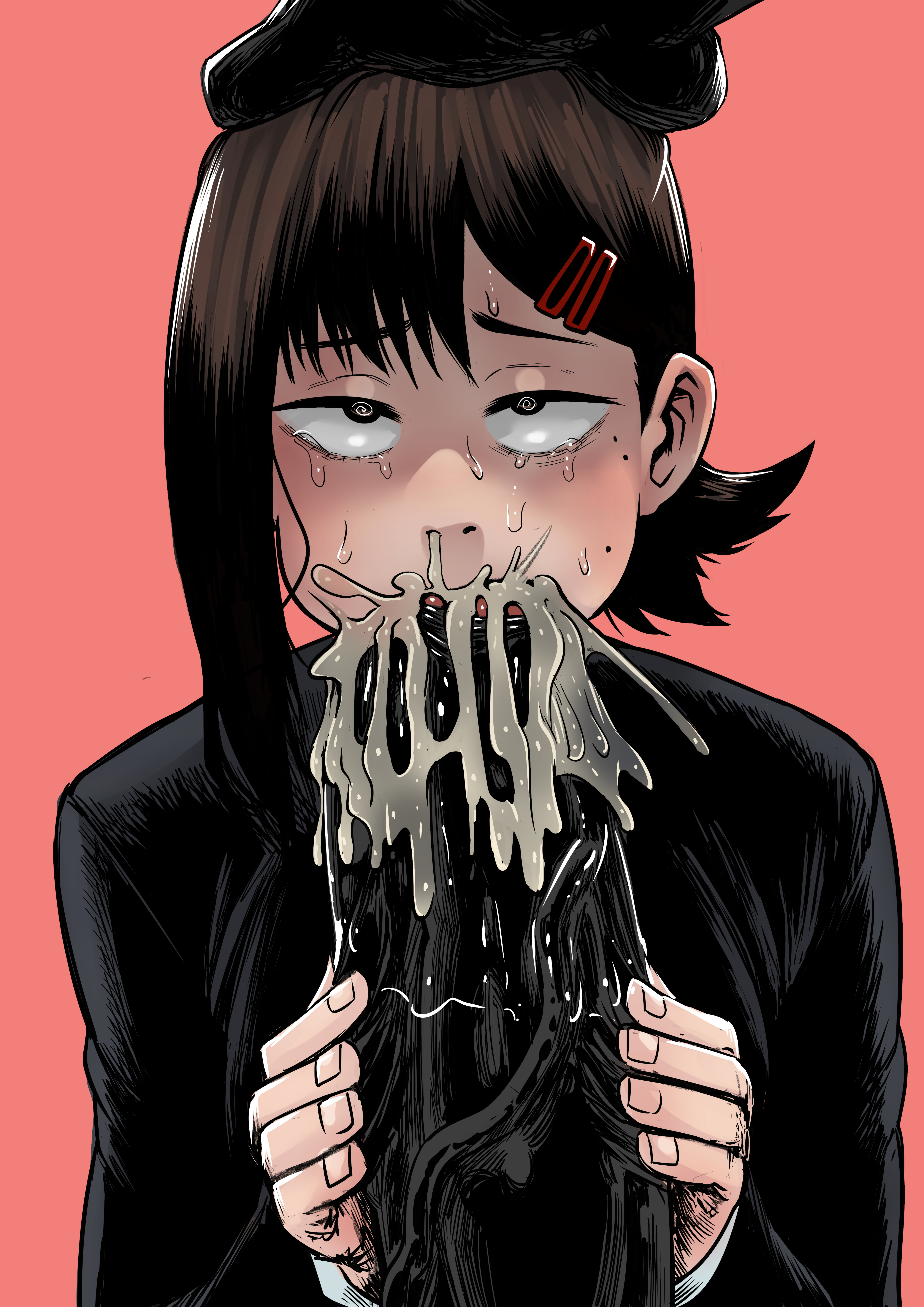 1boy, 1girls, amano44, big penis, black body, black hair, blowjob, chainsaw man, clothed female, cum, cum in mouth, cum out nose, demon, ejaculation, fellatio, female, fully clothed, hand on head, higashiyama kobeni, huge cock, male, oral, penis, rolling eyes, sloppy blowjob devil, sucking, sucking penis, sweat, sweatdrop, tears, veiny penis