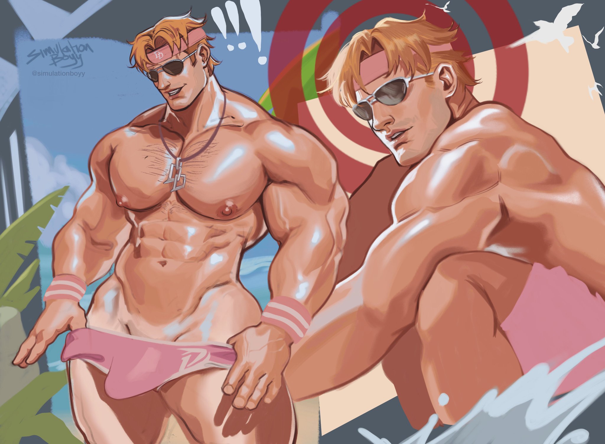 bara, beach, bulge, daredevil, daredevil (marvel rivals), gay, male, male only, marvel, marvel rivals, muscular, muscular male, red hair, simulationboyy, solo, summer, sunglasses