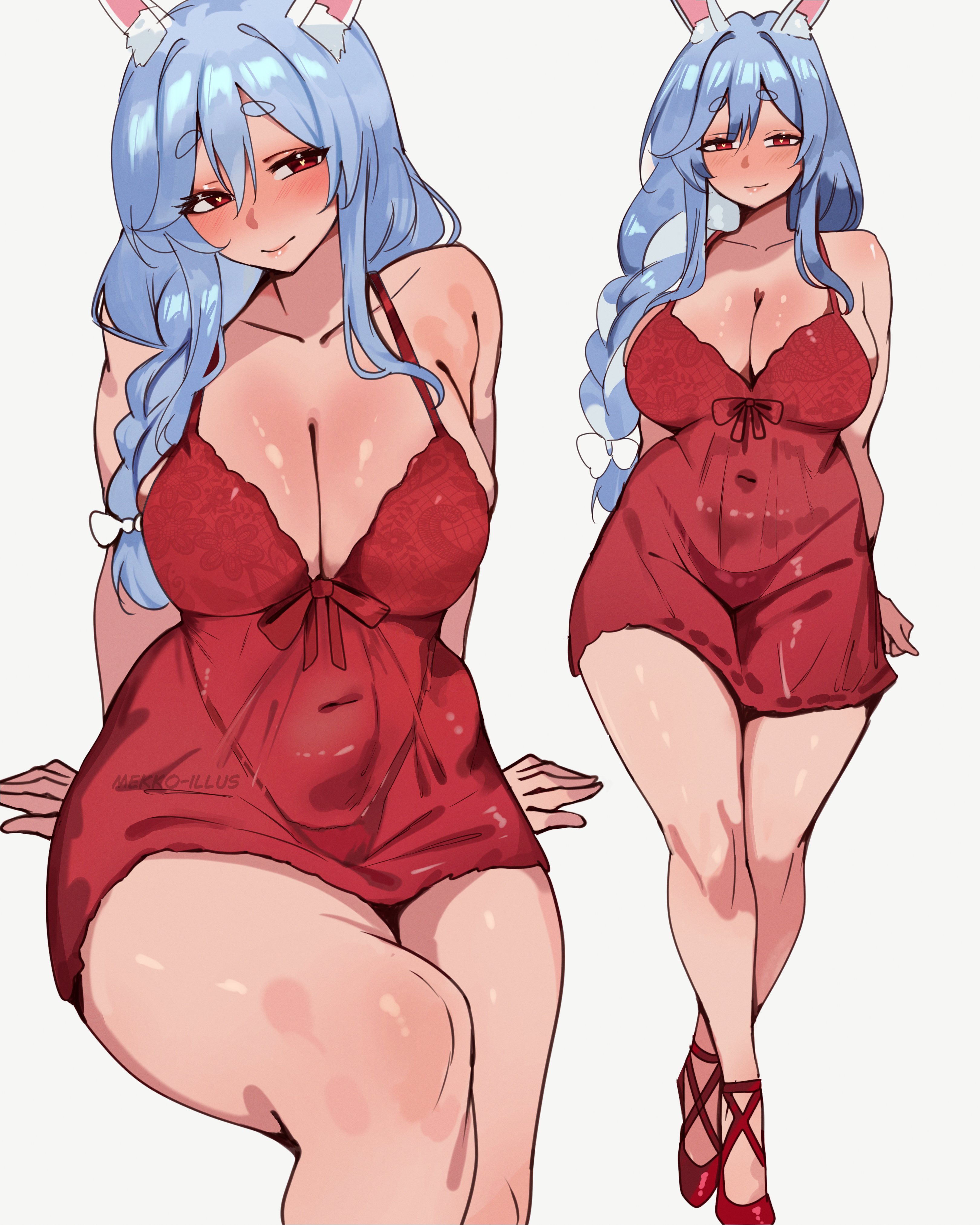 1girls, animal ears, big breasts, blue hair, bottomwear, braid, braided hair, breasts, brown eyes, bunny ears, cleavage, close-up, female, female only, footwear, full body, hair, heels, high resolution, highres, hips, hololive, lace, lace trim, large breasts, lingerie, mature, mature female, mature woman, meeko illus, milf, mother, nightgown, panties, pekomama, red lingerie, solo, solo female, thick thighs, thighs, virtual youtuber, white background
