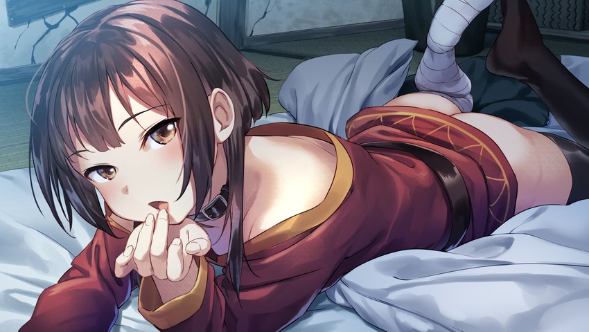 1girls, accurate body type, ass, brown hair, fully clothed, kono subarashii sekai ni shukufuku wo!, laying on stomach, megumin, tenkuu nozora