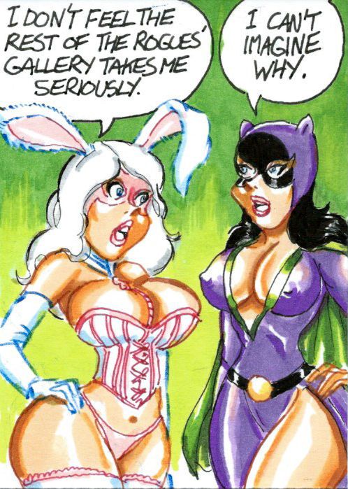 batman_(series) breasts catwoman cleavage corset costume curvy dc dc_comics dialogue female_focus humor joe_gravel large_breasts selina_kyle sketch_card speech_bubble straight_hair text white_rabbit_(dc)