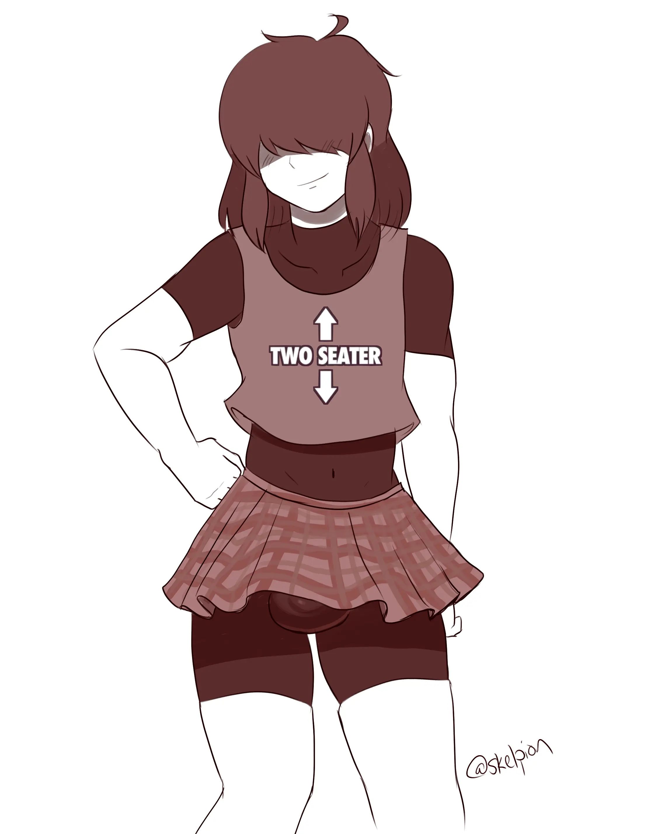 1nonbinary, artist request, black bodysuit, bodysuit, bodysuit under clothes, bsky link, bulge, bulge through clothing, deltarune, kris (deltarune), large bulge, large penis, looking at viewer, nonbinary (lore), penis, shorts, skirt, solo, text on shirt, two seater