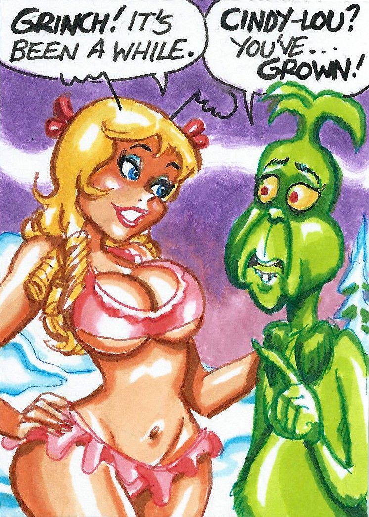 aged_up blonde blonde_hair bra breasts cindy_lou_who curvy dialogue dr_seuss english english_text female female_focus grinch grown_up how_the_grinch_stole_christmas humor joe_gravel large_breasts lingerie male panties sketch_card speech_bubble text what who_(species)