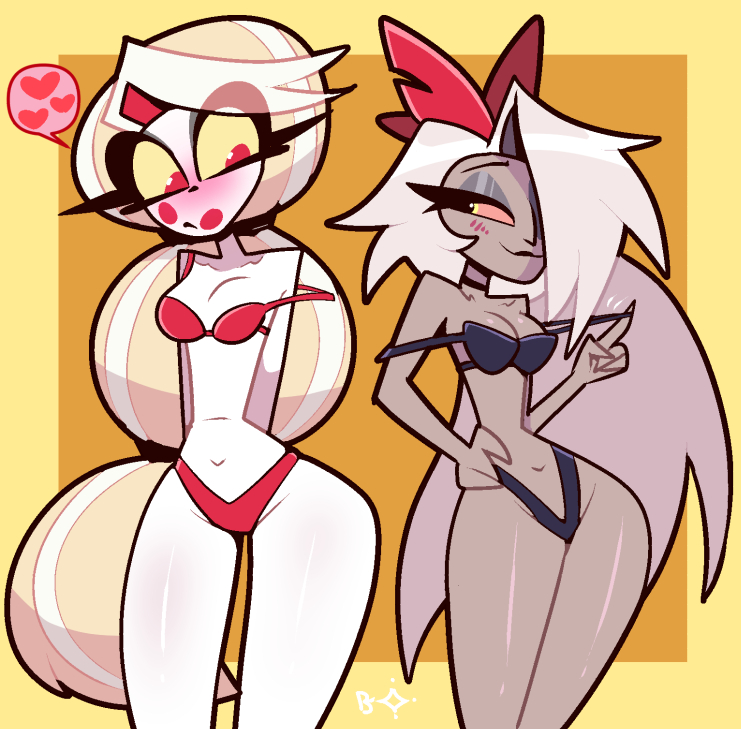 2girls, angel, blightstar, blonde hair, blush, bra, bra strap slip, charlie morningstar (hazbin hotel), demon, fallen angel, female, female only, girlfriends, grey body, grey hair, hair over one eye, hazbin hotel, hellaverse, looking at each other, matching underwear, panties, red cheeks, red eyes, ribbon, spoken heart, tagme, vaggi (hazbin hotel), vaggie (hazbin hotel), vivienne medrano, white body, yellow sclera, yuri