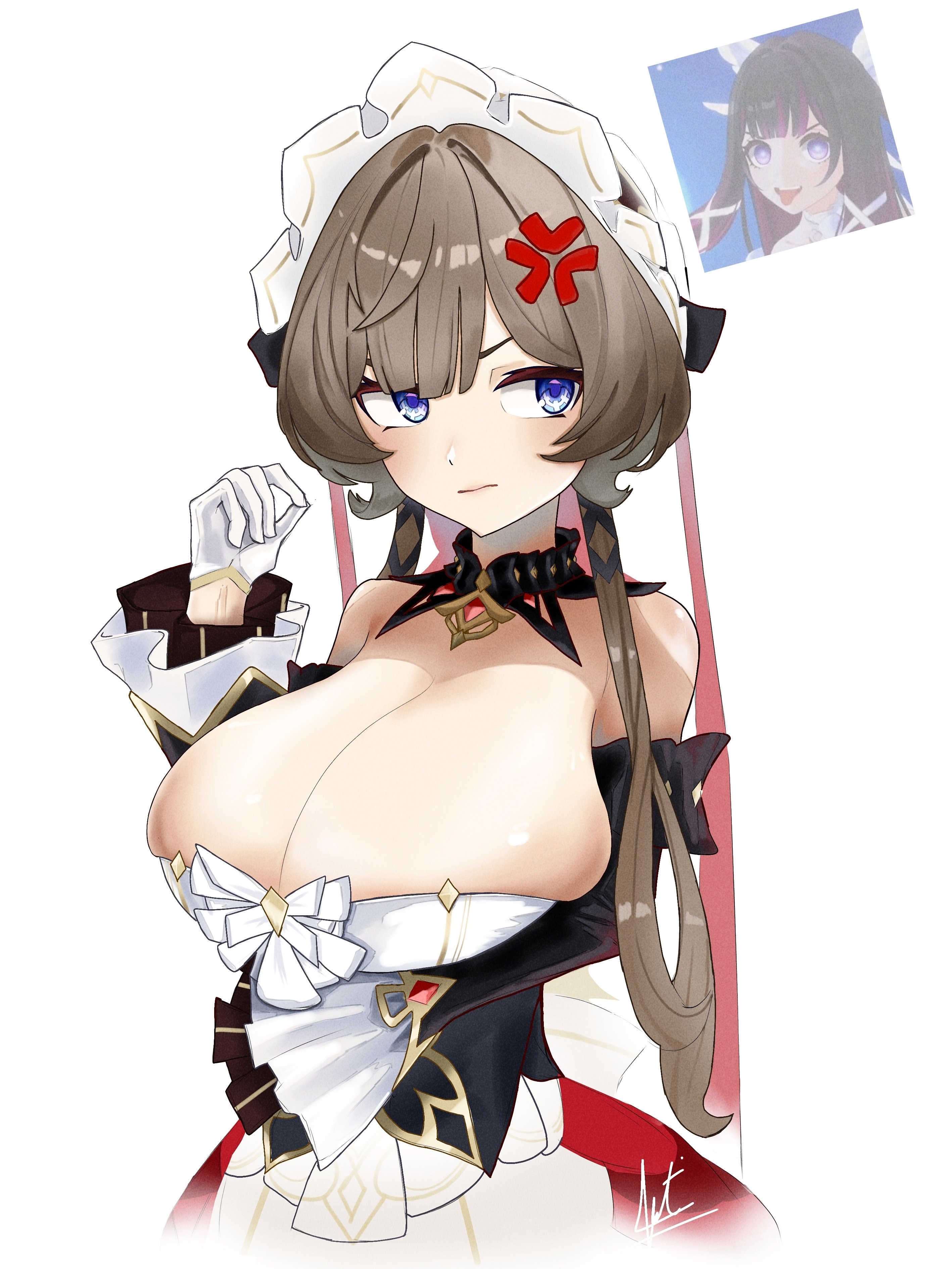 2girls, annoyed, artist request, blue eyes, breasts, cleavage, female, female focus, female only, genshin impact, huge breasts, large breasts, light skin, light-skinned female, sandrone (genshin impact), white background, wide hips