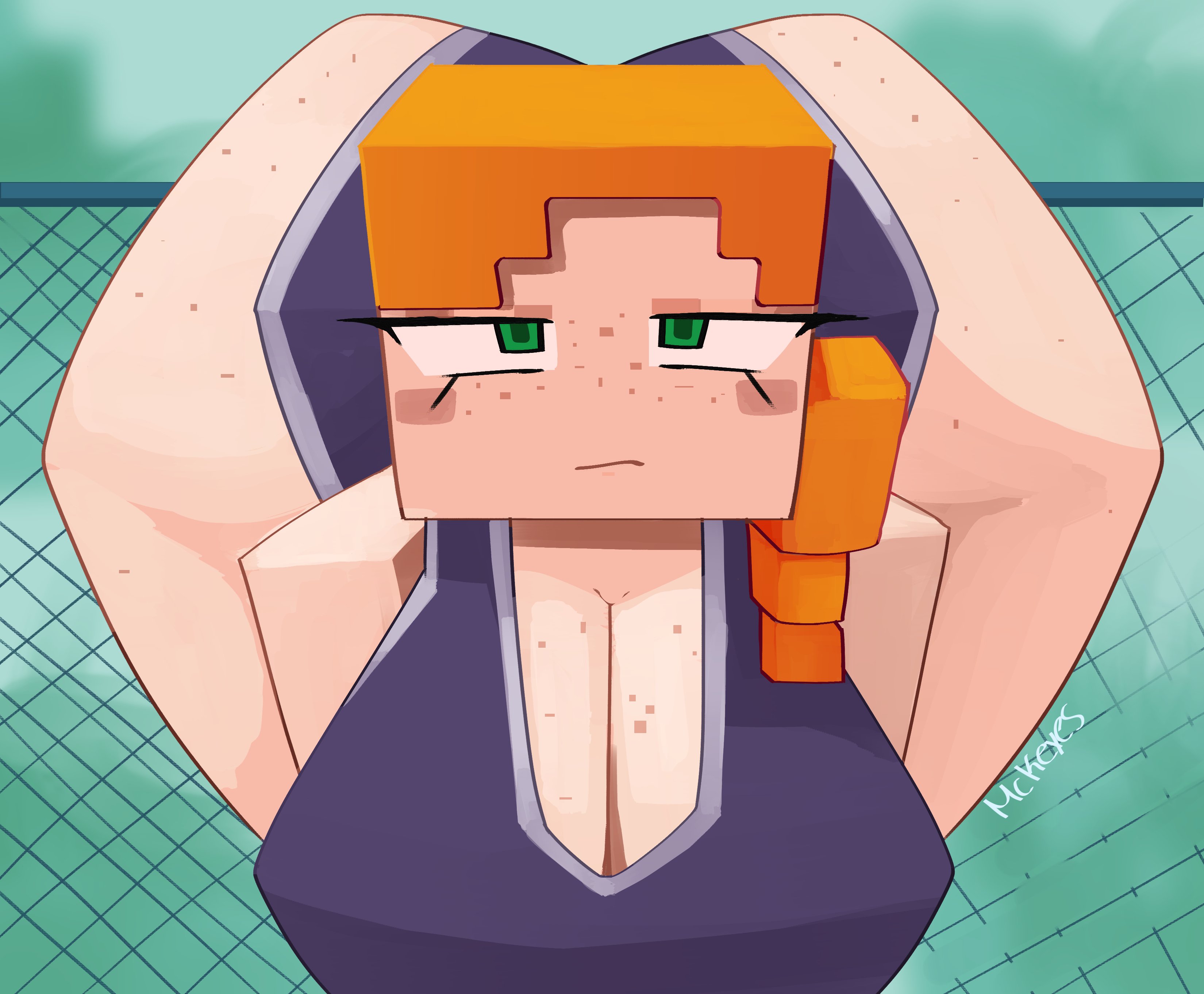 1girls, alex (minecraft), ass, bent over, big ass, big breasts, breasts, bubble butt, busty, cleavage, cubic anatomy, cubic breasts, fat ass, female, female only, freckles, front facing with ass, huge ass, huge breasts, large ass, large breasts, looking at viewer, massive ass, mckeyes, meme, minecraft, one-piece swimsuit, orange hair, please look forward to it, solo, swimsuit, thick ass, thick thighs, thunder thighs, wide hips