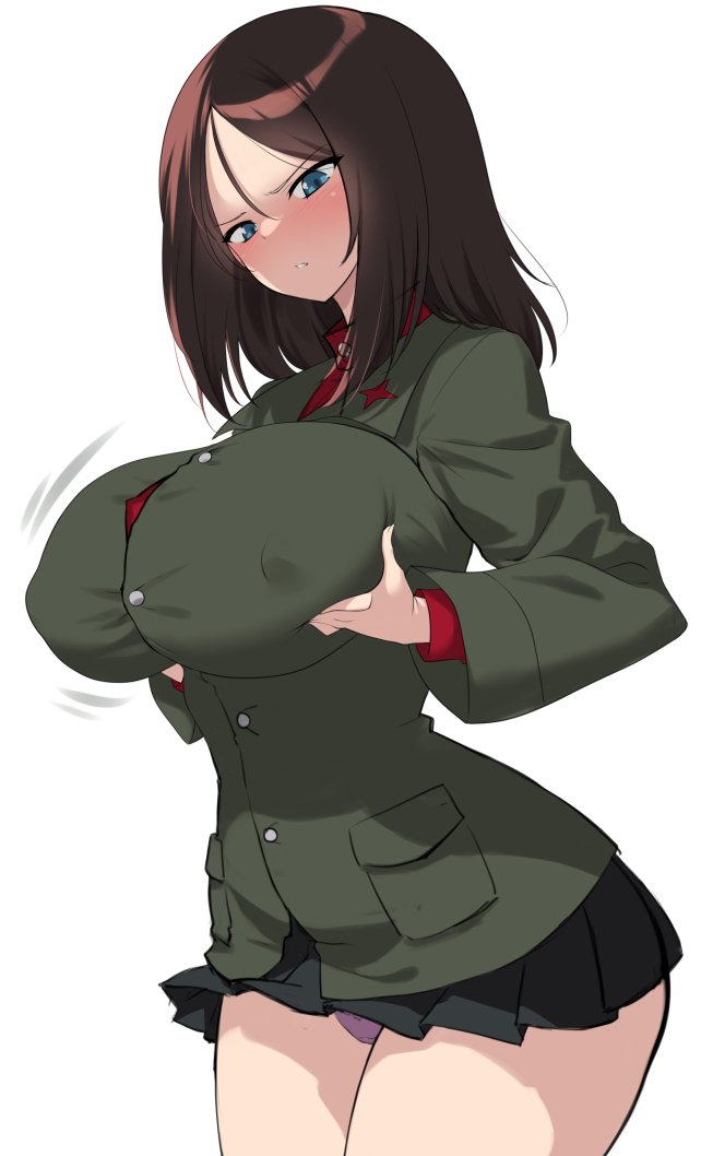 1girls, 2025, 2d, blue eyes, blush, breasts bigger than head, brown hair, bursting breasts, female, female only, gigantic ass, gigantic breasts, gigantic butt, gigantic thighs, girls und panzer, holding breast, inconvenient breasts, kuzuryuu kennosuke, looking at breasts, looking down, nipples visible through clothing, nonna (girls und panzer), panties, pravda school uniform, school uniform, schoolgirl, white background, wide hips