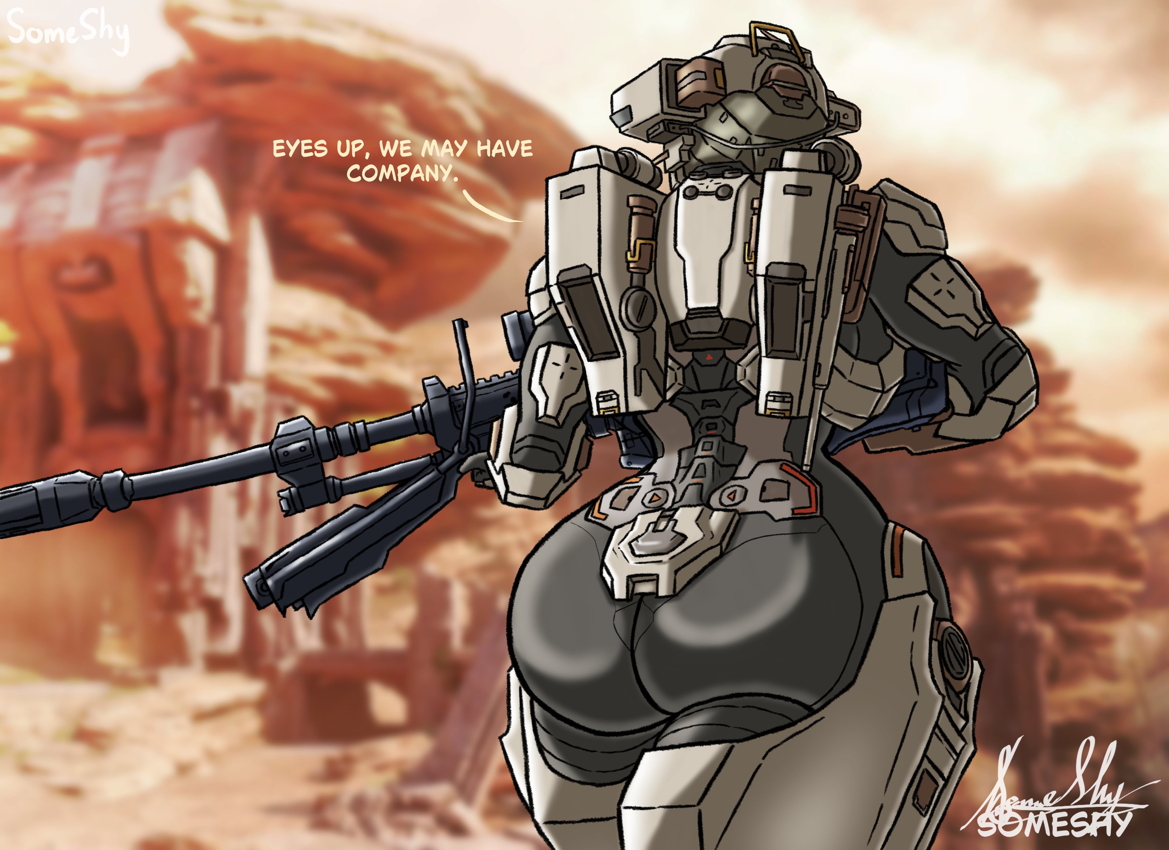 armor, ass, breasts, female, female spartan (halo), halo (series), hips, holding weapon, large ass, linda-058, outdoors, someshy, spartan (halo), thick thighs, thighs, wide hips