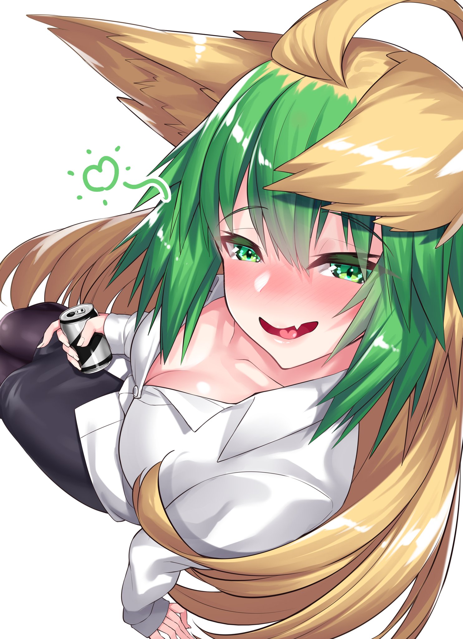 atalanta (fate), blonde hair, blush, breasts, cat ears, drunk, fate (series), fate/apocrypha, fate/grand order, female, gradient hair, green eyes, green hair, heart, holding can, looking at viewer, oerba yun fang, small breasts, unbuttoned shirt, watosu (watosu mama)