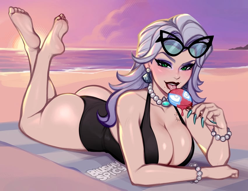 1girls, 2026, 2d, artist name, ass, barefoot, beach, beach towel, big breasts, black cat (coastal cat), black cat (marvel rivals), black cat (marvel), black clothing, black lips, black lipstick, black one-piece swimsuit, black swimsuit, blush, blushypixy, blushyspicy, bracelet, breasts, candy, cleavage, clothed, clothing, collarbone, earrings, evening, eyeshadow, eyewear on head, felicia hardy, fingernails, food, full body, fully clothed, green eyes, grey hair, holding, holding candy, holding food, holding lollipop, horizon, huge breasts, jewelry, large breasts, licking, licking food, light skin, light-skinned female, lollipop, long fingernails, long hair, looking at viewer, lying, makeup, marvel, marvel rivals, mole, mole under mouth, necklace, on stomach, one-piece swimsuit, open mouth, outdoors, pearl bracelet, pearl necklace, plunging neckline, purple eyeshadow, sand, sky, solo, sunset, swimsuit, tongue, tongue out, towel, very long fingernails, water, white hair