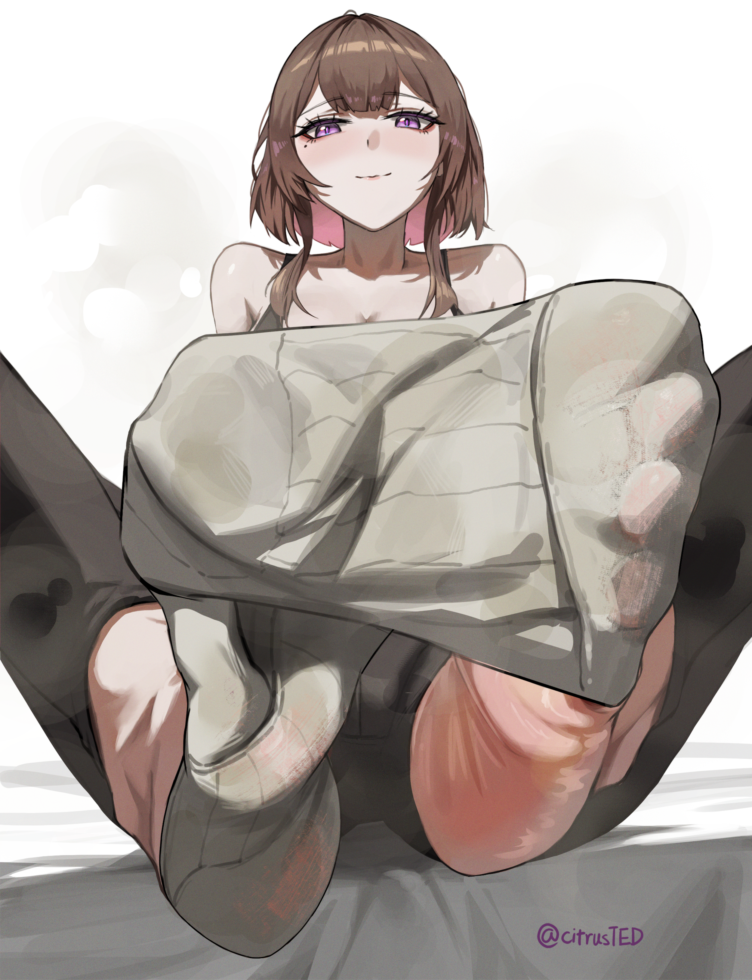 barefoot, brown hair, citrusted, commission, feet, foot fetish, glistening body, leggings, mole under eye, original character, purple eyes, smelly, smelly feet, smelly socks, soles, sports bra, stink fumes, stinky, stinky feet, stinky socks, sweat, sweaty, sweaty body, sweaty socks, workout clothes