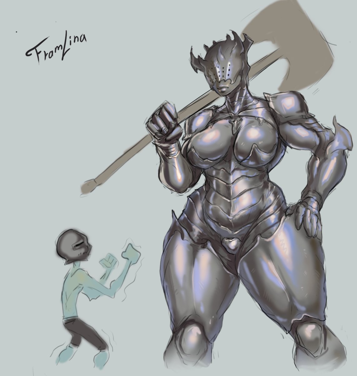 1boy, 1girls, 2026, armor, armored body, armored female, axe, big breasts, breasts, bursting breasts, color, colored, curvaceous, curvaceous body, curvaceous female, curvaceous figure, curvaceous hips, curvy, curvy body, curvy female, curvy figure, curvy hips, female, framlina, hips, huge breasts, large breasts, male, massive breasts, mortal shell, mortal shell 2, muscle mommy, muscles, muscular, muscular female, pinup, proxima (mortal shell 2), seductive, seductive look, seductive pose, shiny, shiny armor, shiny breasts, thick, thick as fuck, thick breasts, thick hips, thick mommy, thick thighs, voluptuous, voluptuous female, weapon, wide hips