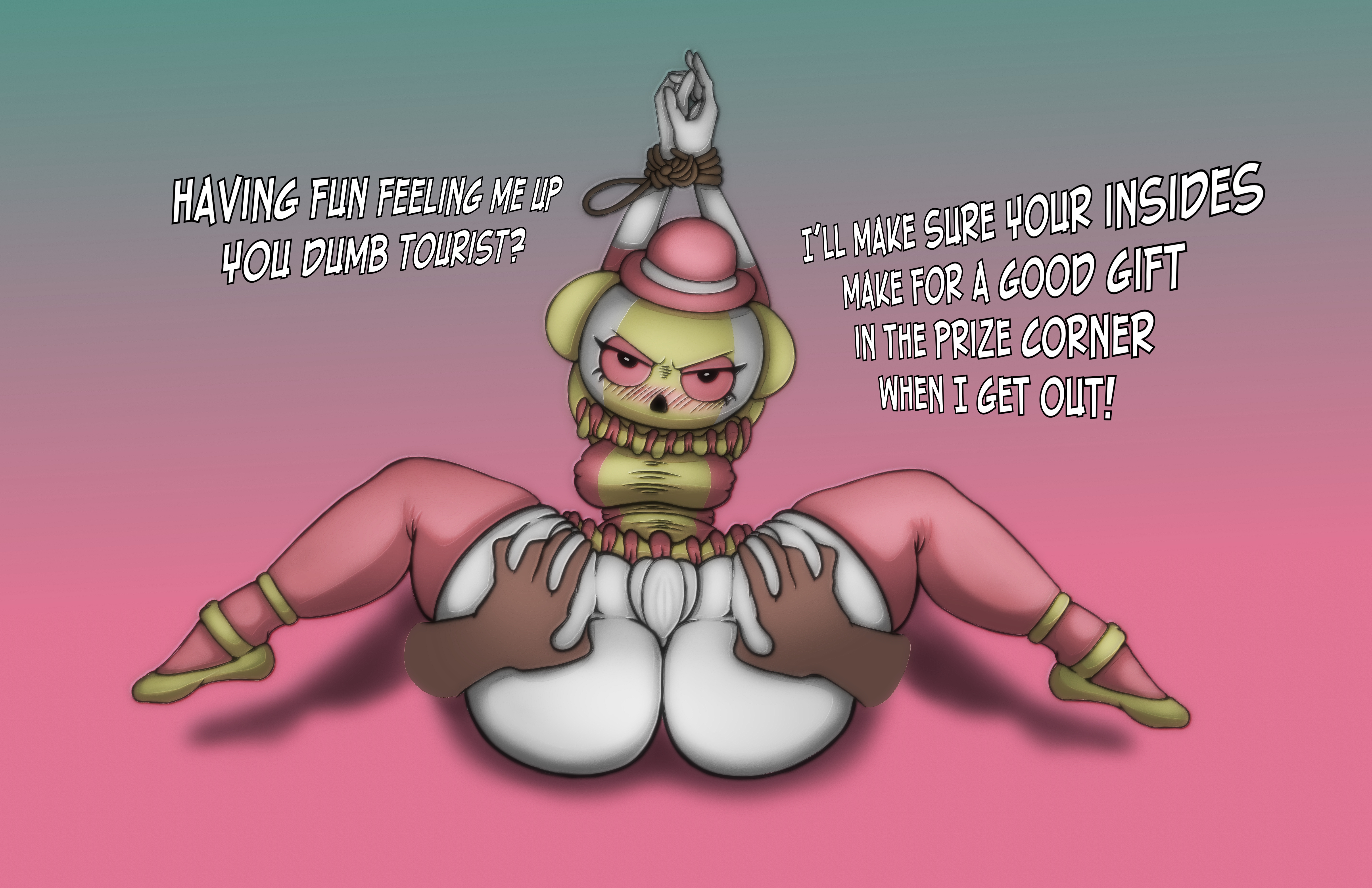 annoyed, big breasts, blush, bound wrists, endacopia, female, groping, menouto, sexual assault, spread legs, thick thighs, tied up, trapezist (endacopia)