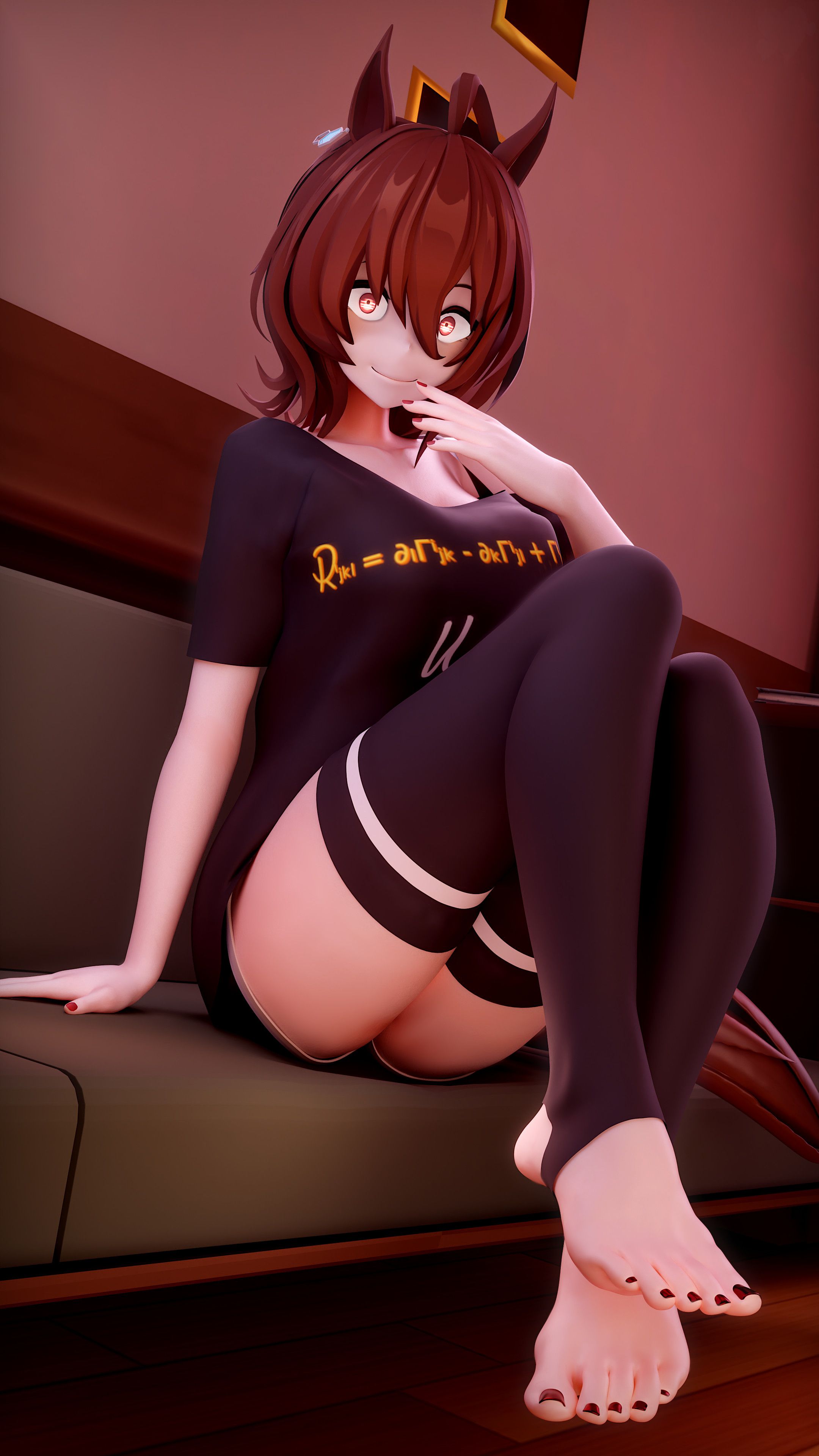2026, 3d, agnes tachyon (umamusume), black shirt, black toenails, brown hair, detailed background, feet, foot fetish, horse, horse ears, horse girl, legwear, loose shirt, orange eyes, pippersad, sitting, sitting on couch, smile, stirrup legwear, stirrup thighhighs, thighhighs, umamusume