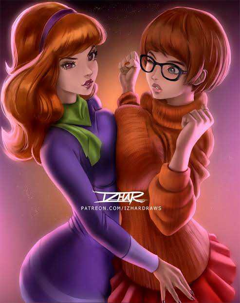 2girls big_breasts breasts_to_breasts brown_hair daphne_blake female_only glasses hanna-barbera izhardraws long_hair nail_polish orange_nails purple_nails red_hair scooby-doo short_hair signature text velma_dinkley